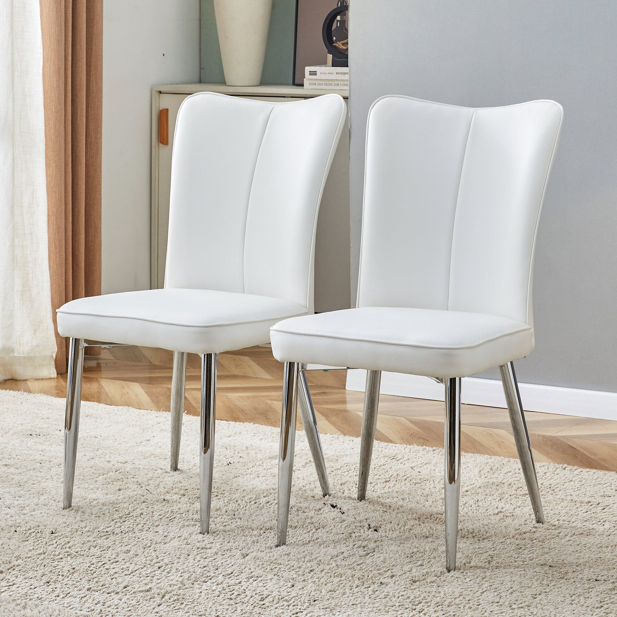 Modern minimalist dining chairs, office chairs. 2-piece set of white PU seats with silver metal legs. Suitable for restaurants, living rooms, and offices. C-008