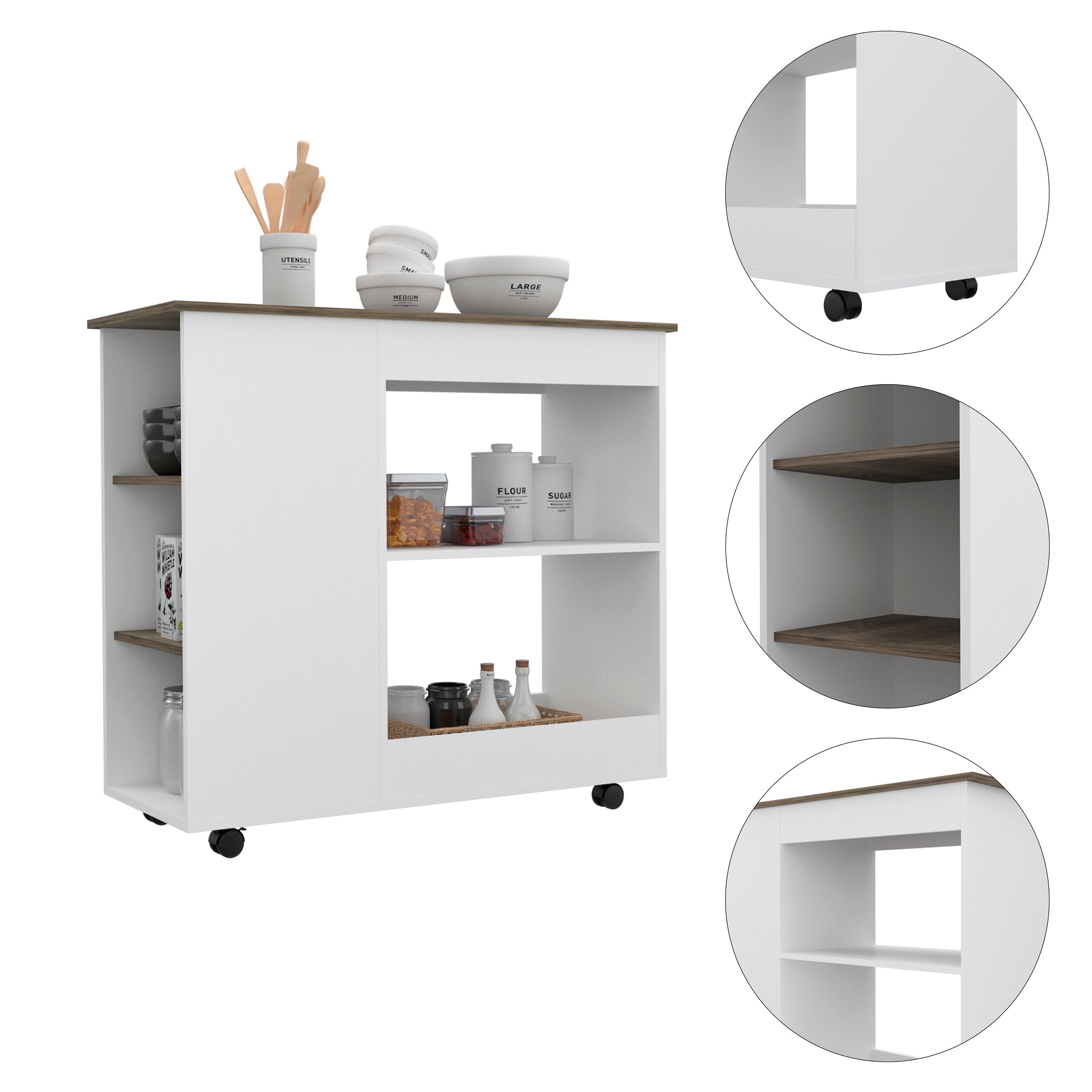 Kitchen Cart Kamizaze, Two Storage Shelves, Four Casters, Three Side Shelves, White / Dark Brown Finish