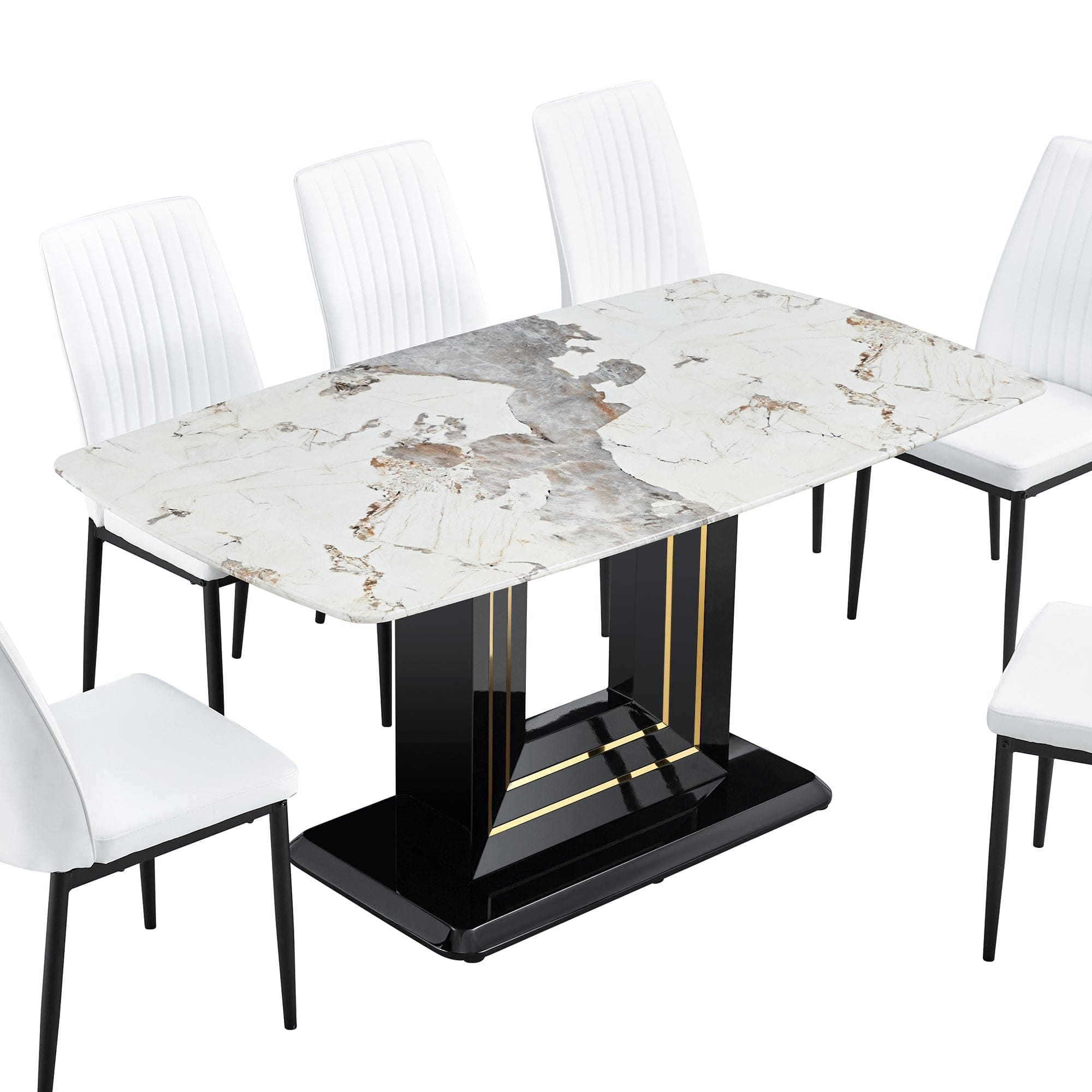 Faux Marble Dining Table Set, Glass Rectangular Kitchen Table for 6-8, Modern White Faux Marble Dining Room Table with MDF Base, Dining Table & 6 Chairs