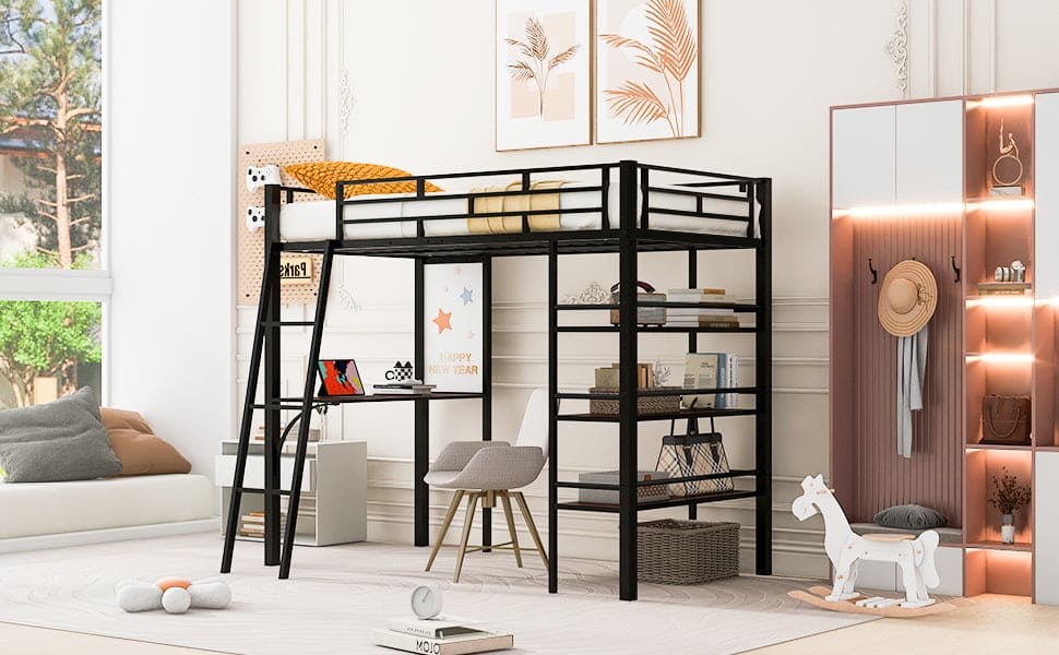 Twin Size Loft Metal Bed with 3 Layers of Shelves and Desk, Stylish Metal Frame Bed with Whiteboard, Black