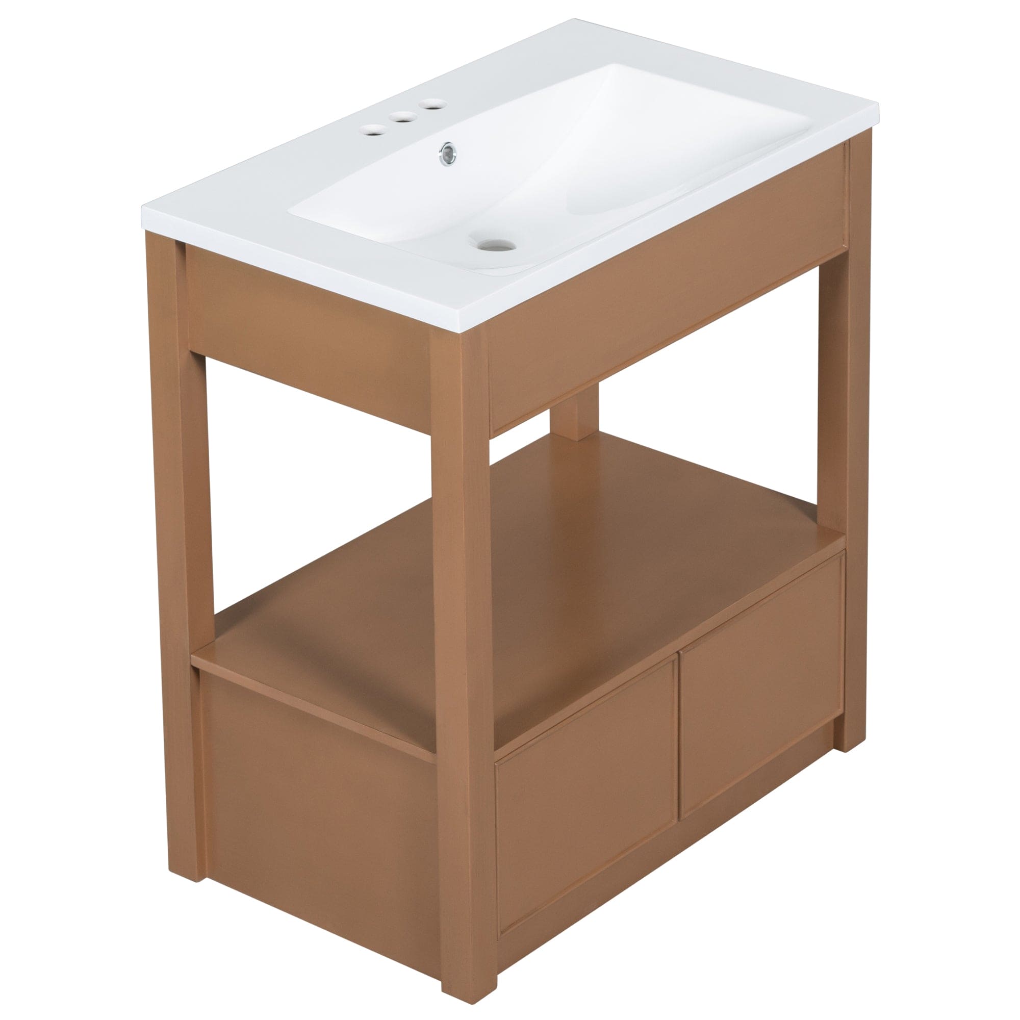 30" Bathroom Vanity with Sink Top, Bathroom Cabinet with Open Storage Shelf and Two Drawers, Brown