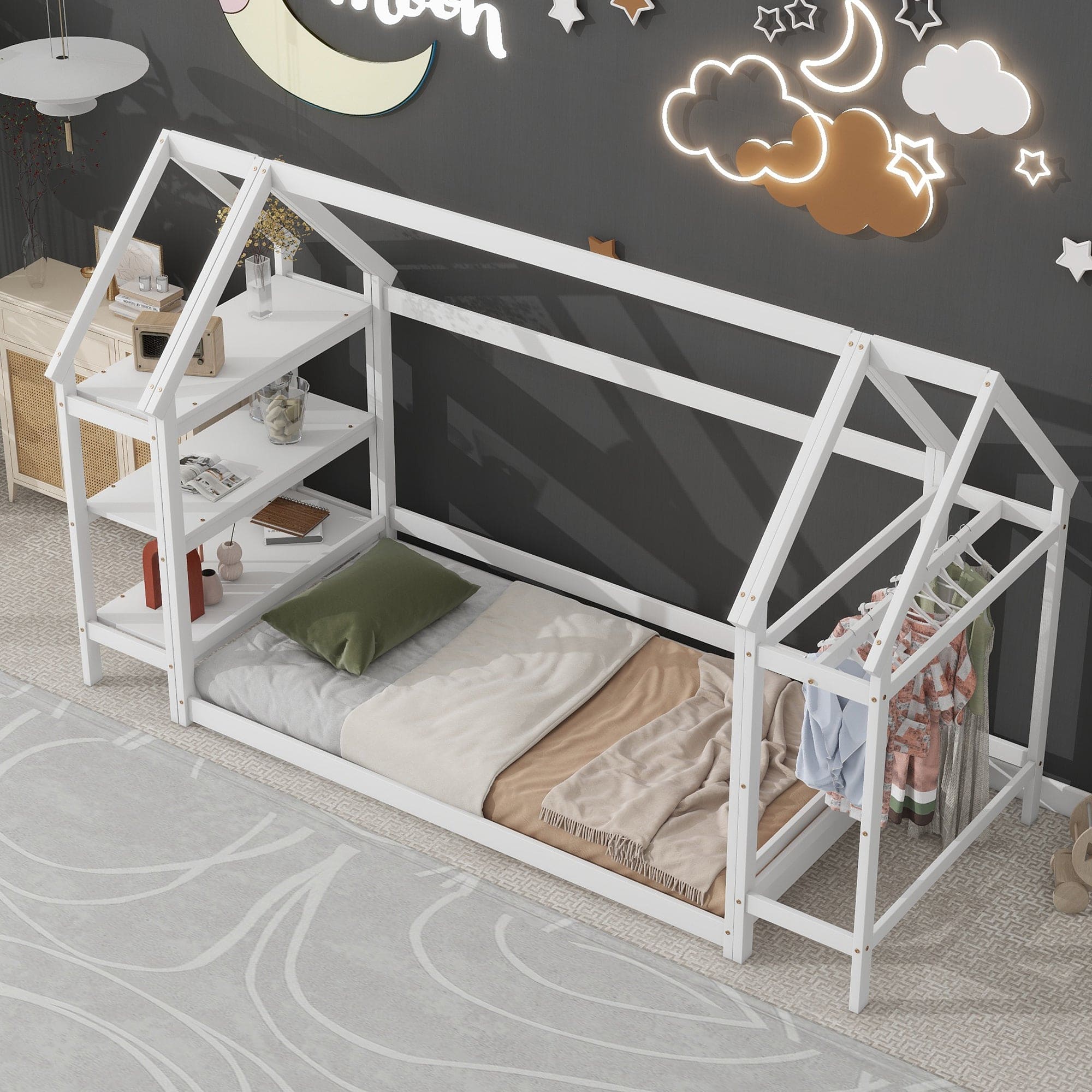 Twin House-Shaped Floor Bed with 2 Detachable Stands,White