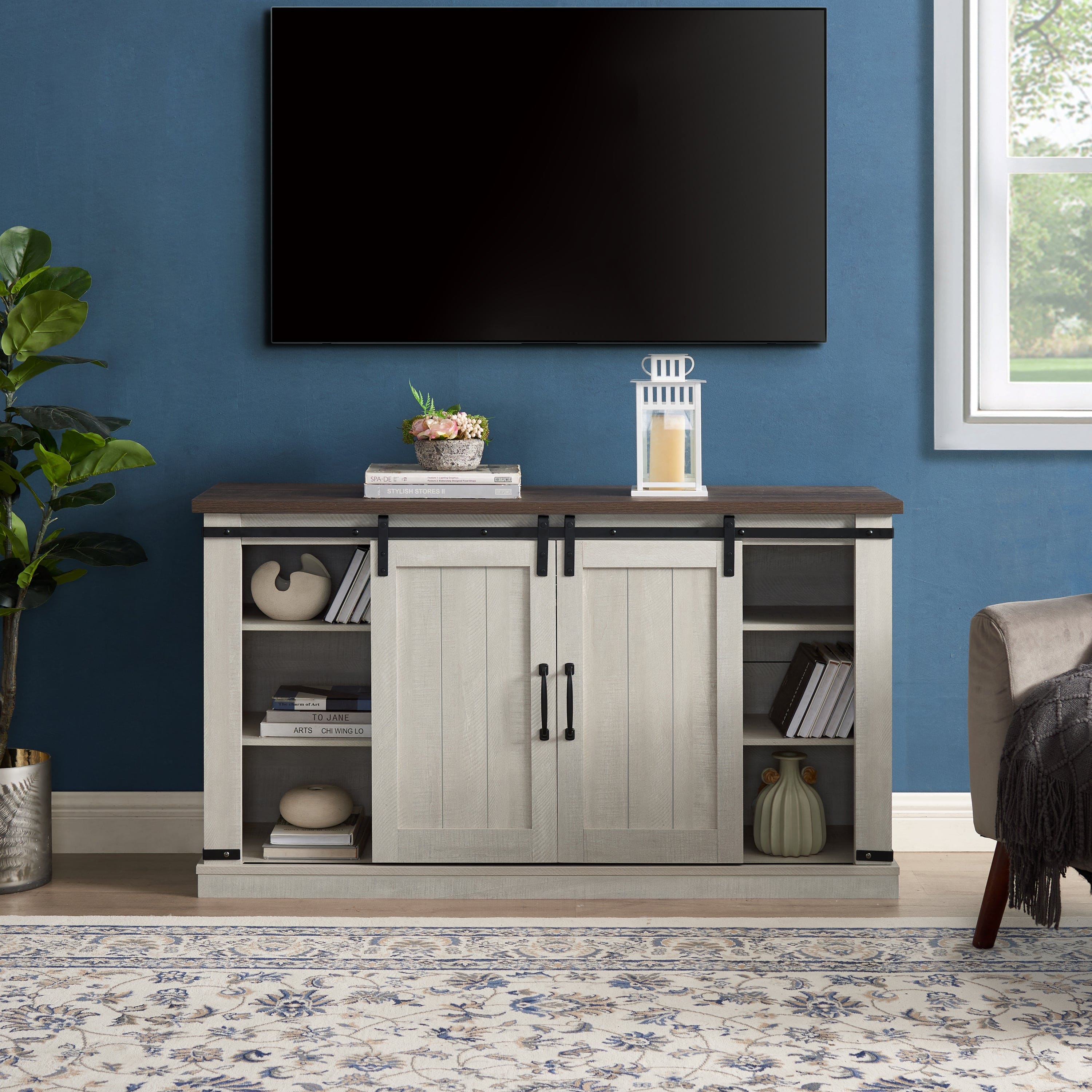 Classic Farmhouse Media TV Stand Transitional Entertainment Console for TV Up to 60" with Sliding Doors and Open Storage Space, Light Gray, 54.5"W*15.75"D*30.5"H