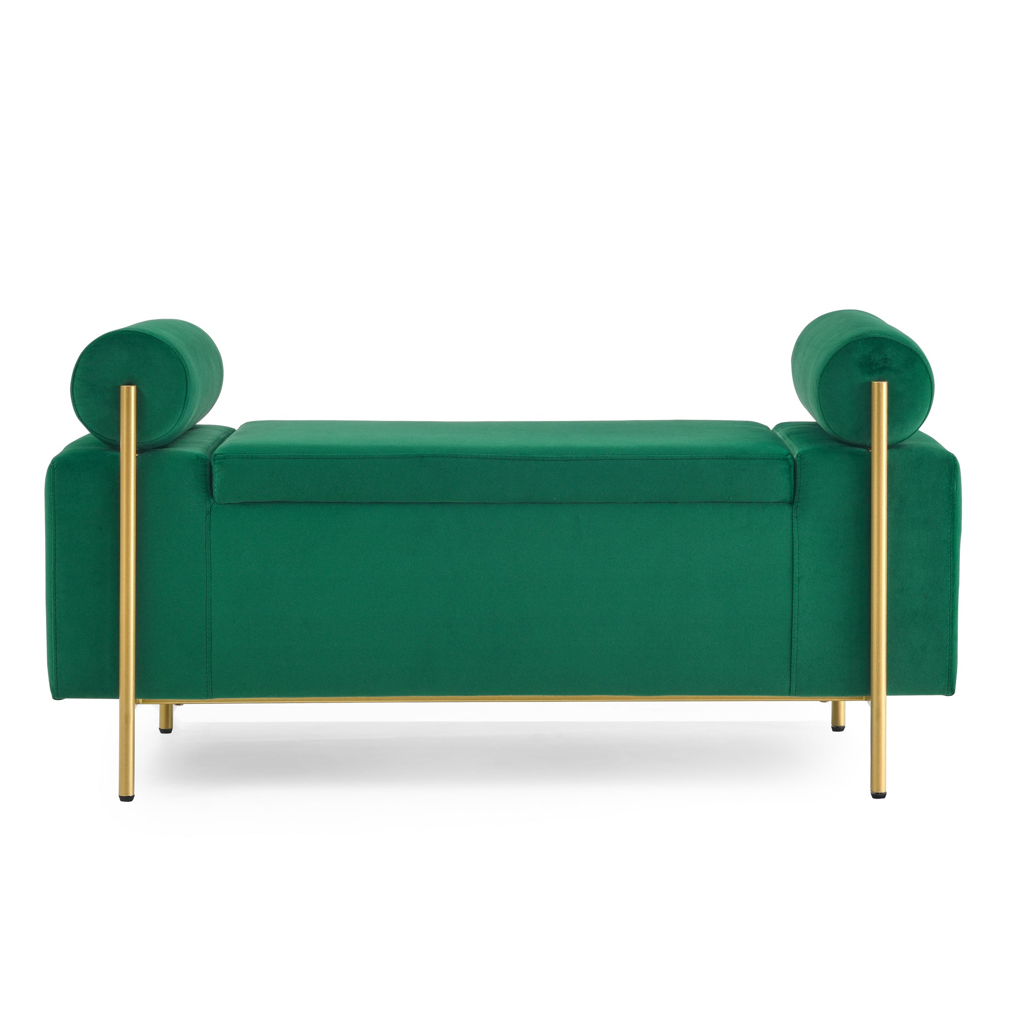 Elegant Upholstered Velvet Storage Bench with Cylindrical Arms and Iron Legs for Hallway Living Room Bedroom, Green