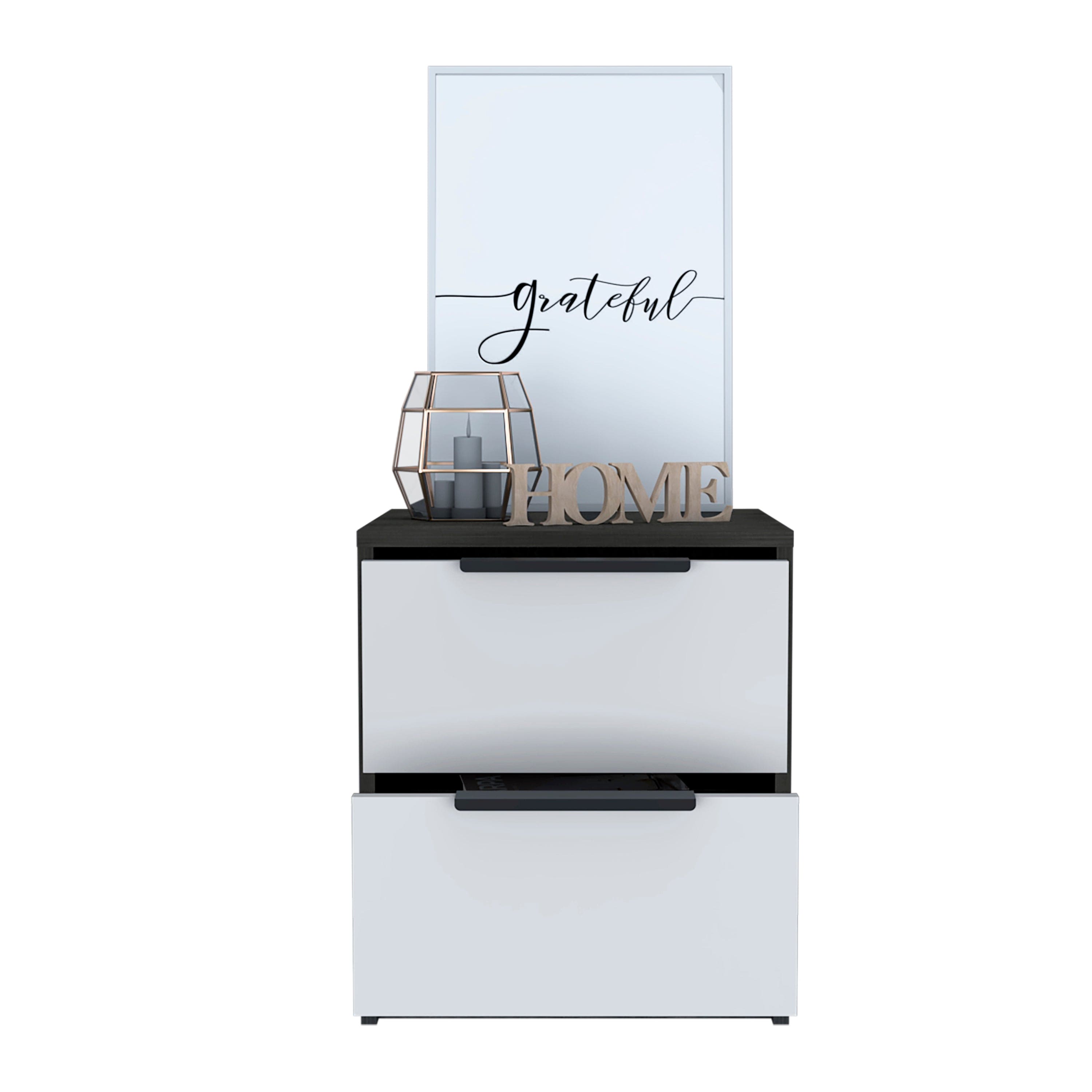 Nightstand Cervants, Two Drawers, Metal Handle, Smokey Oak / White Finish