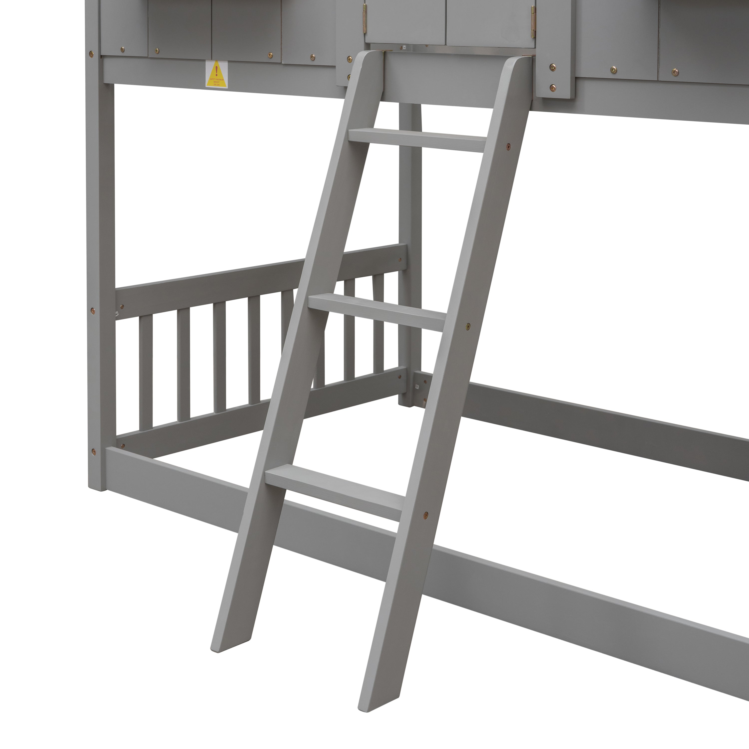 Twin over Twin House Bunk Bed with Roof , Window, Window  Box, Door , with Safety Guardrails and Ladder, Grey