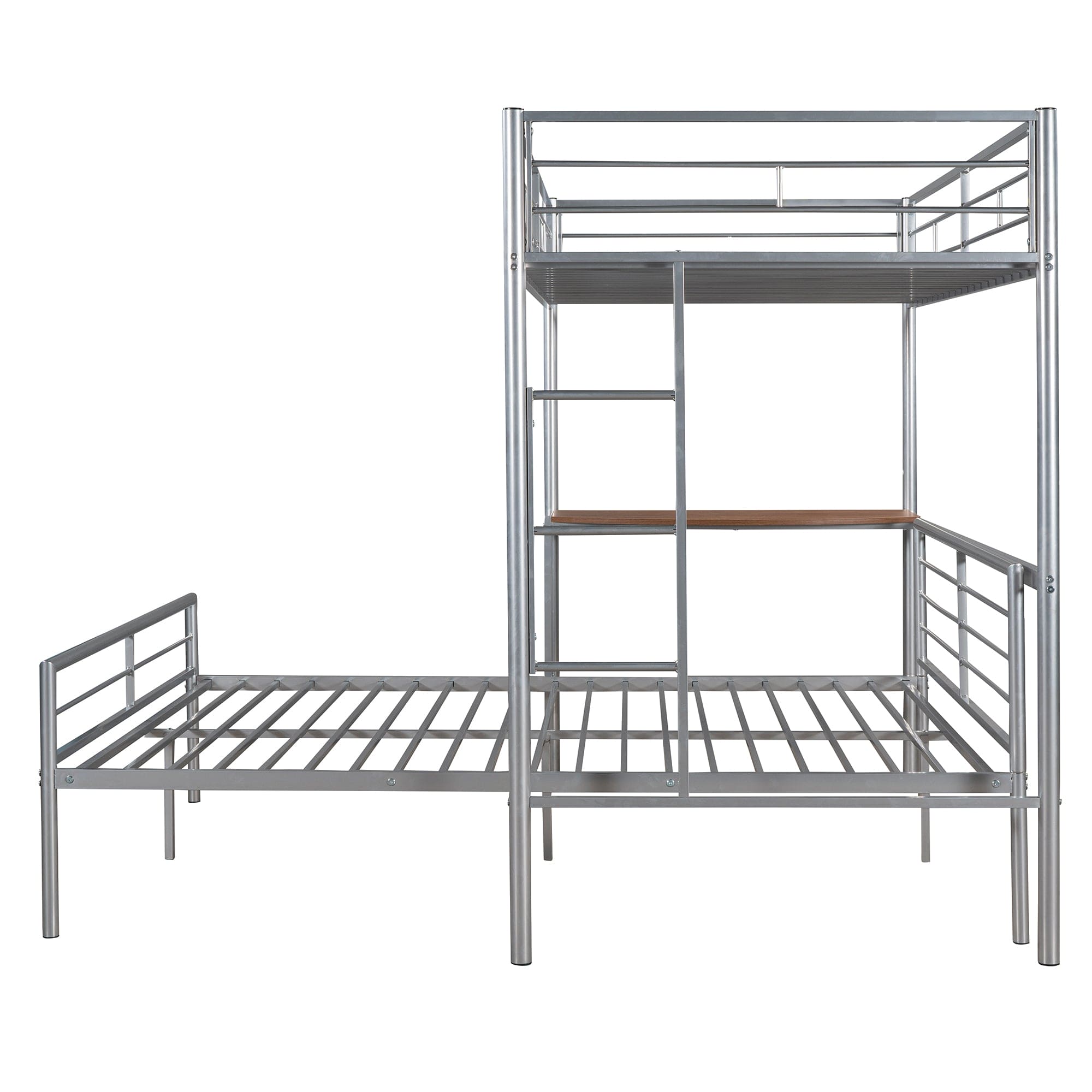 Twin Over Full Metal Bunk Bed with Desk, Ladder and Quality Slats for Bedroom, Metallic Silver（OLD SKU :LP000092AAN）