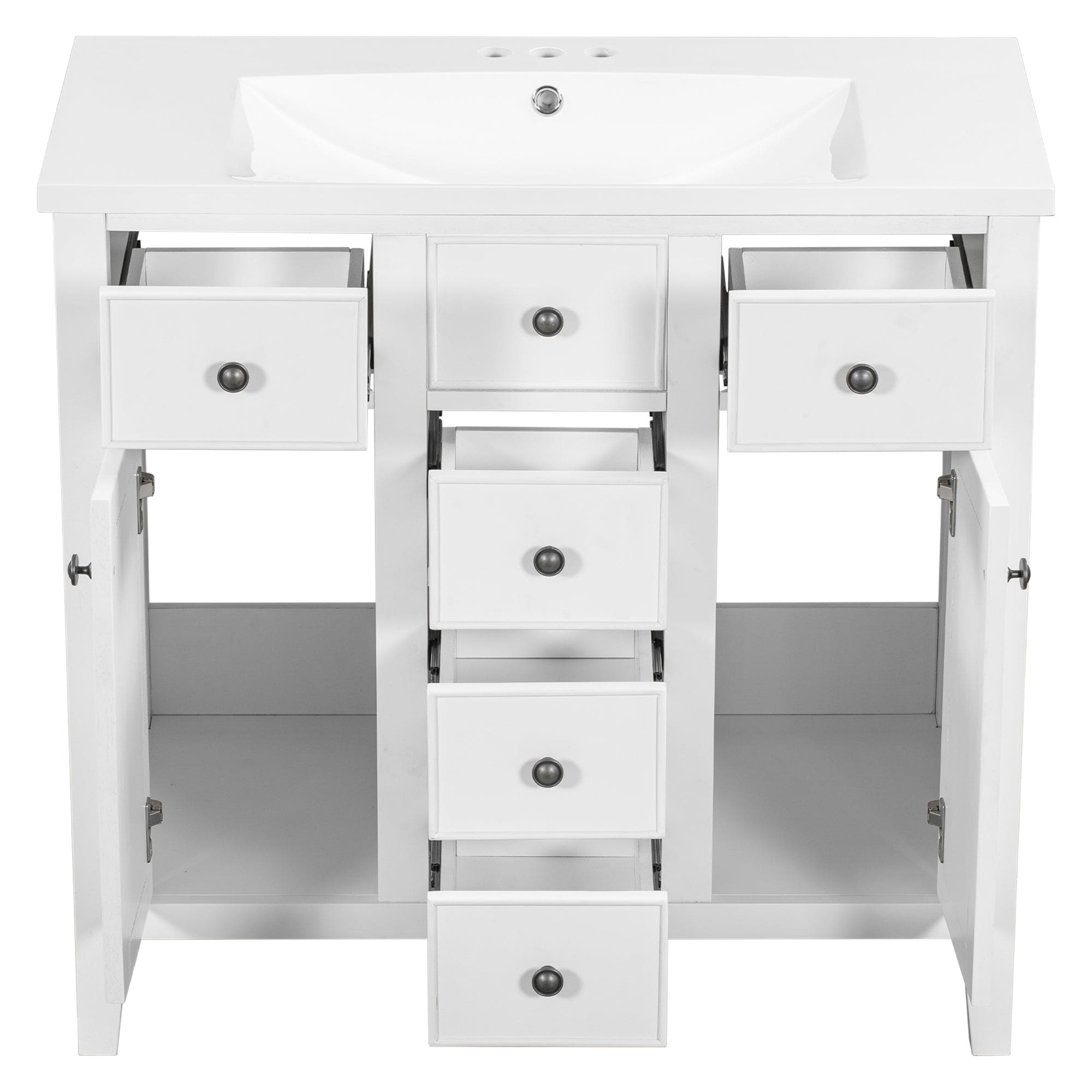 36" Bathroom Vanity with Ceramic Basin, Two Cabinets and Five Drawers, Solid Wood Frame, White (OLD SKU: SY999202AAK)