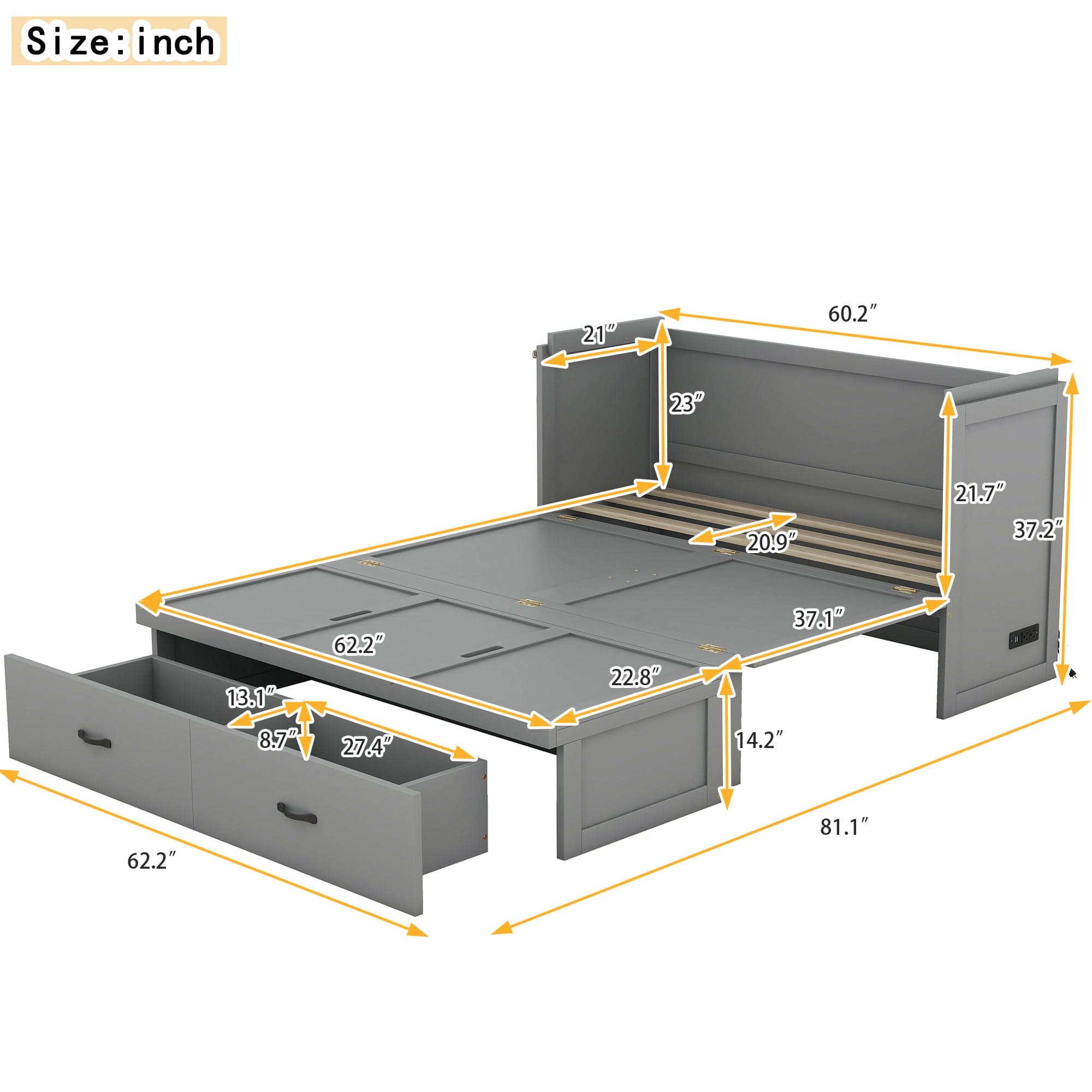 Queen Size Murphy Bed with USB Port and a Large Drawer, Gray