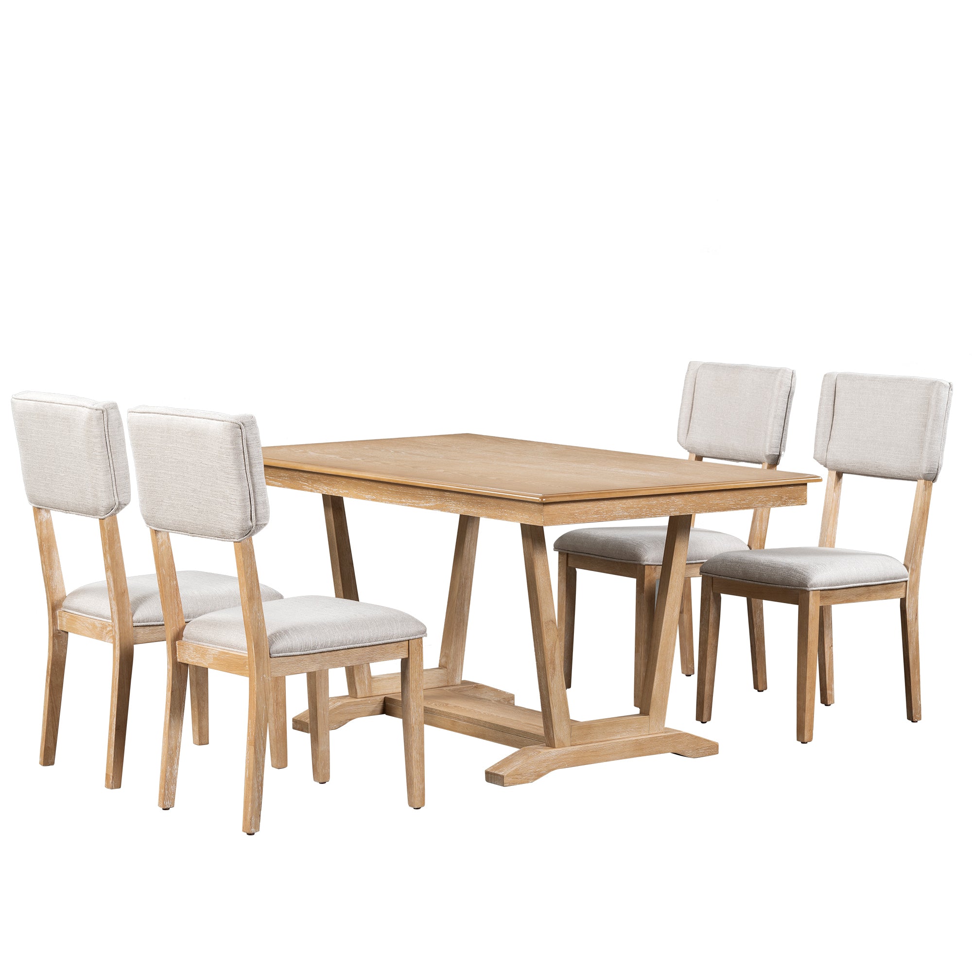 TOPMAX Rustic 5-piece Dining Table Set with 4 Upholstered Chairs, 59-inch Rectangular Dining Table with Trestle Table Base, Naural