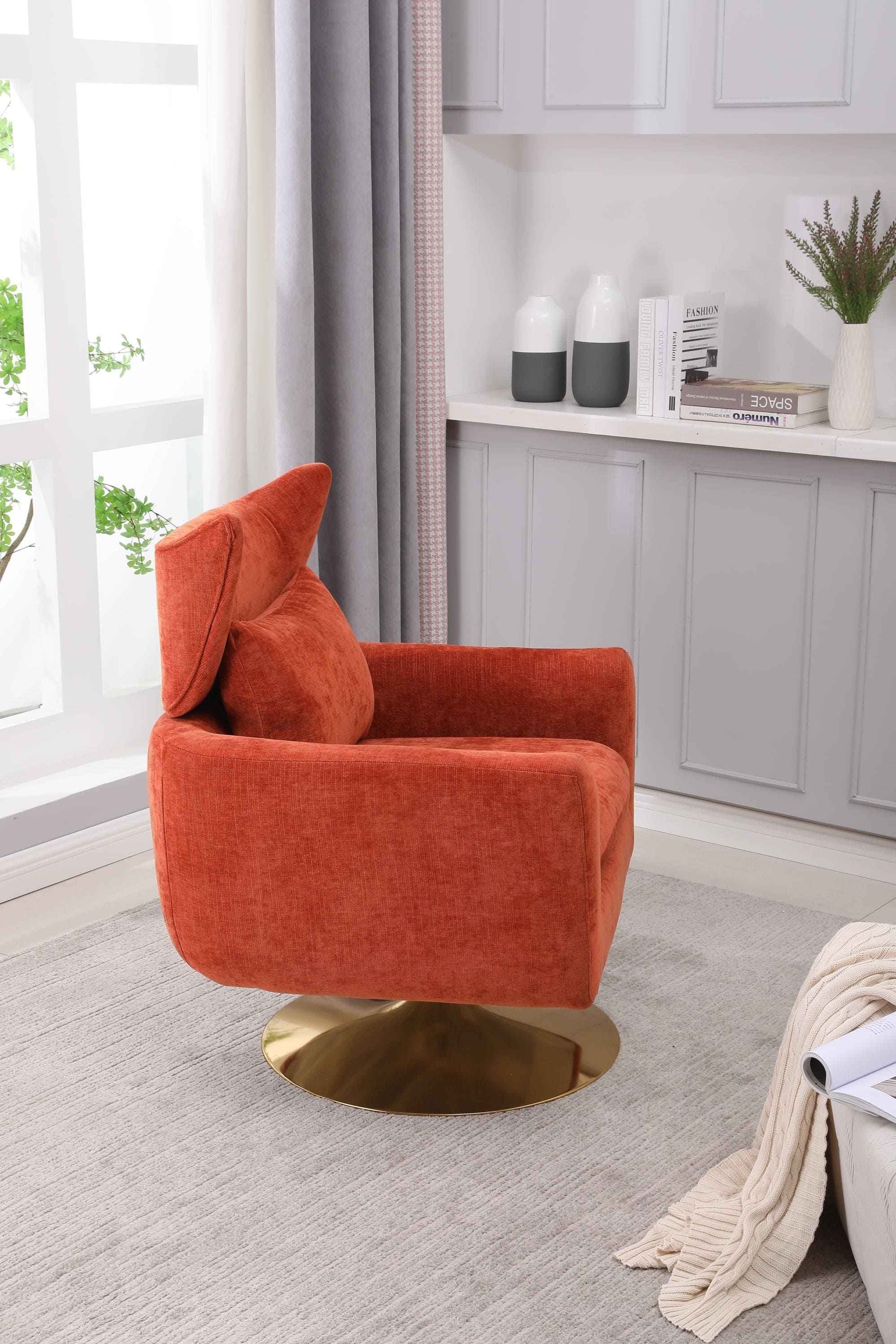 Classic Mid-Century 360-degree Swivel  Accent Chair, Orange Linen