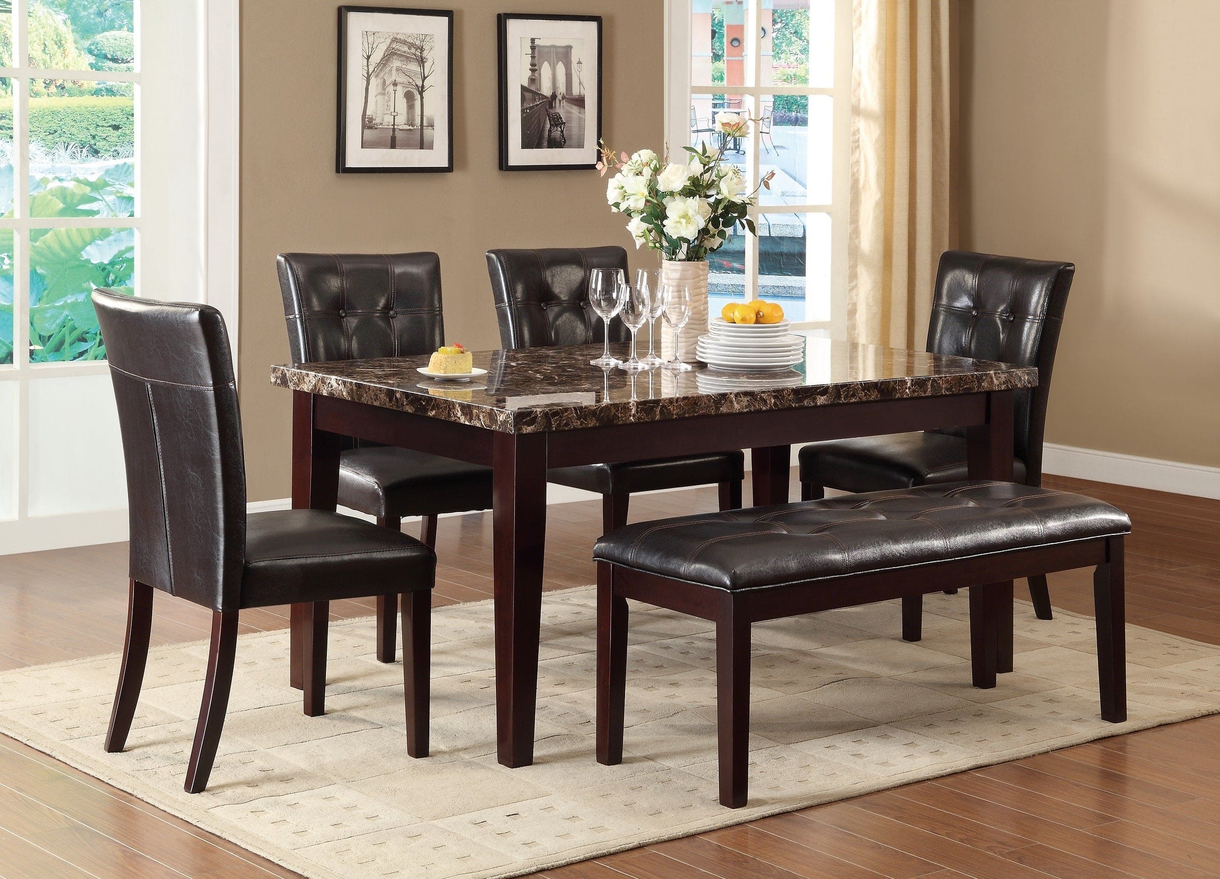 Espresso Finish 1pc Dining Bench Faux Leather Upholstered Button-Tufted Top Seat Transitional Dining Room Furniture