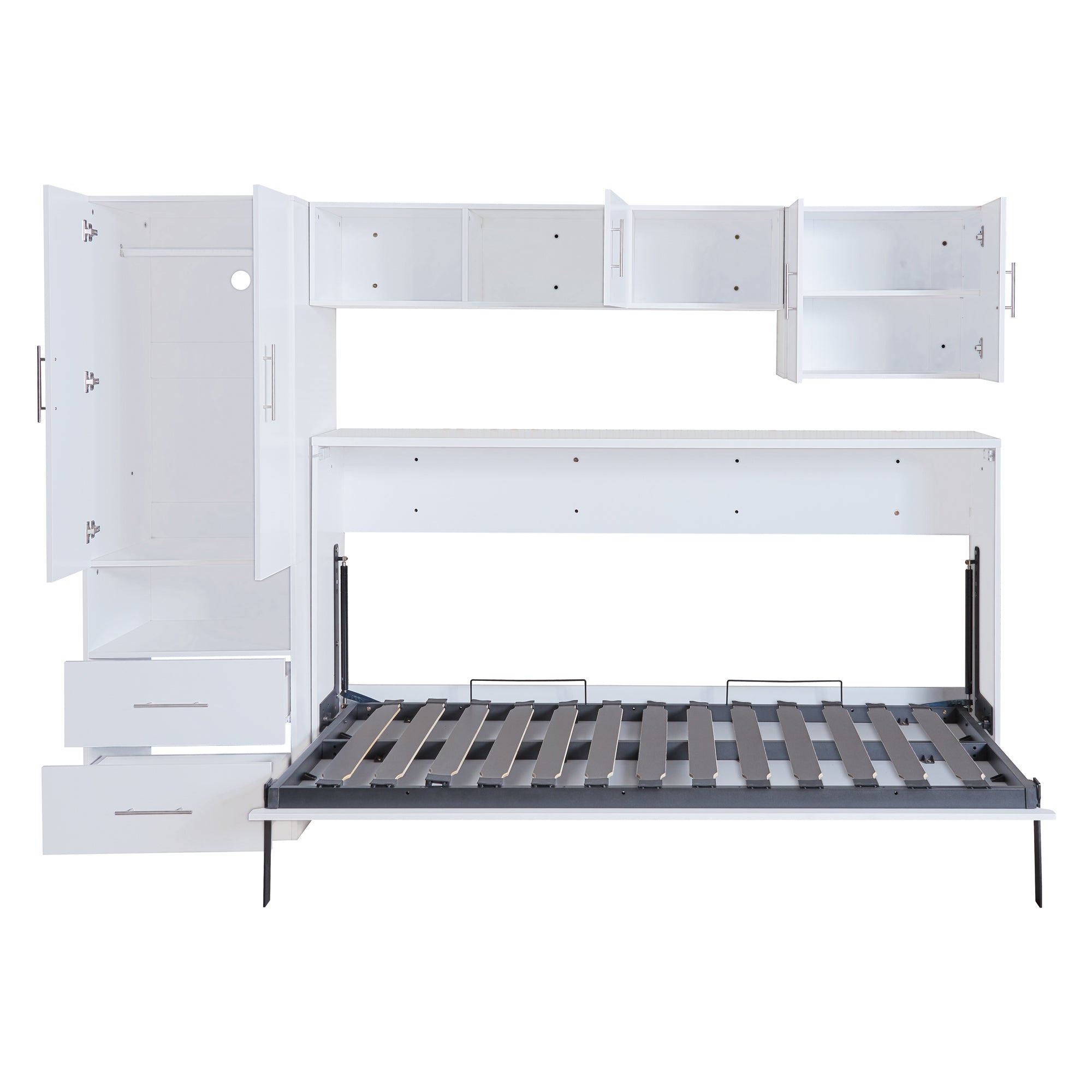 Twin Size Murphy Bed with Open Shelves and Storage Drawers,Built-in Wardrobe and Table, White