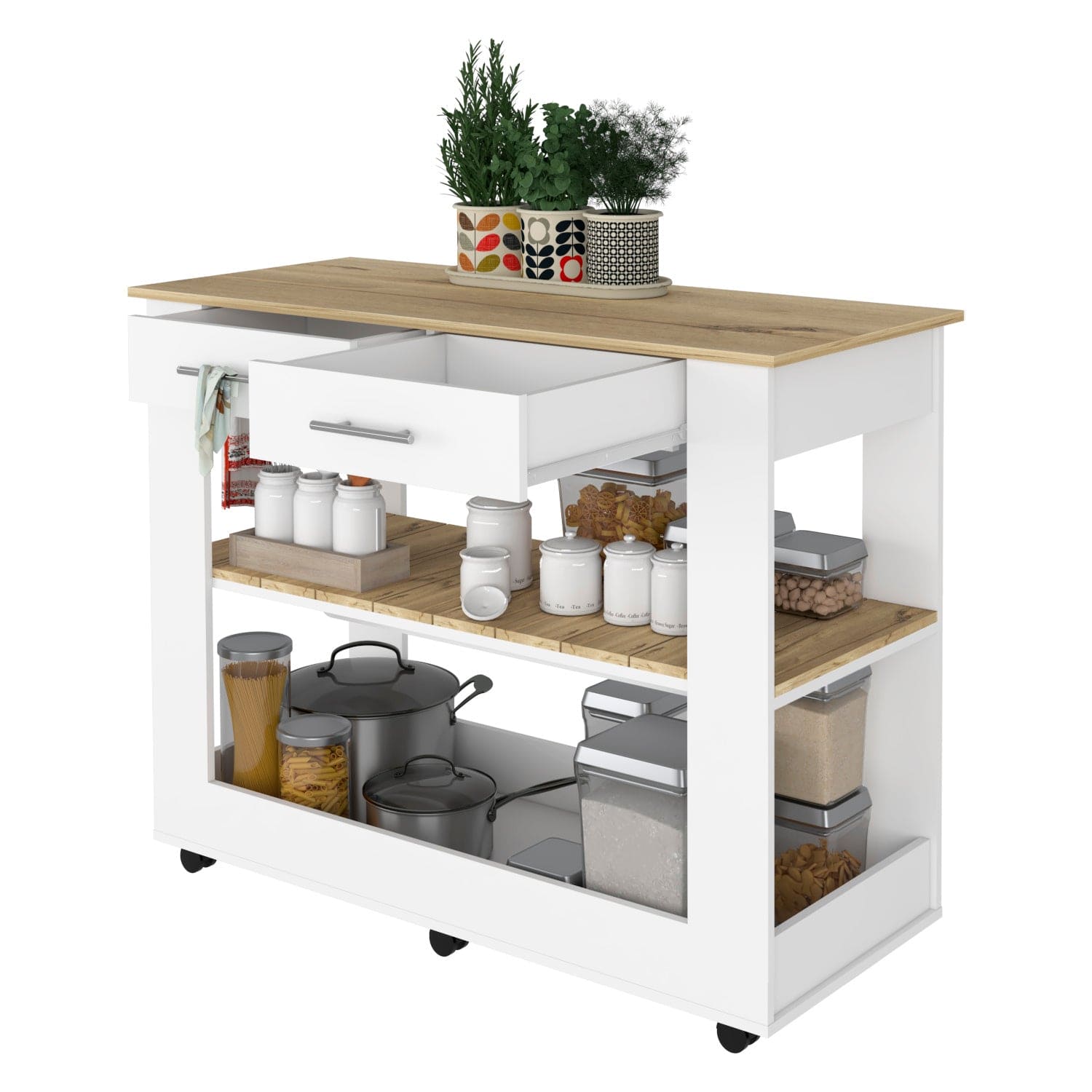 Rockaway 2-Drawer 2-Shelf Kitchen Island White and Light Oak