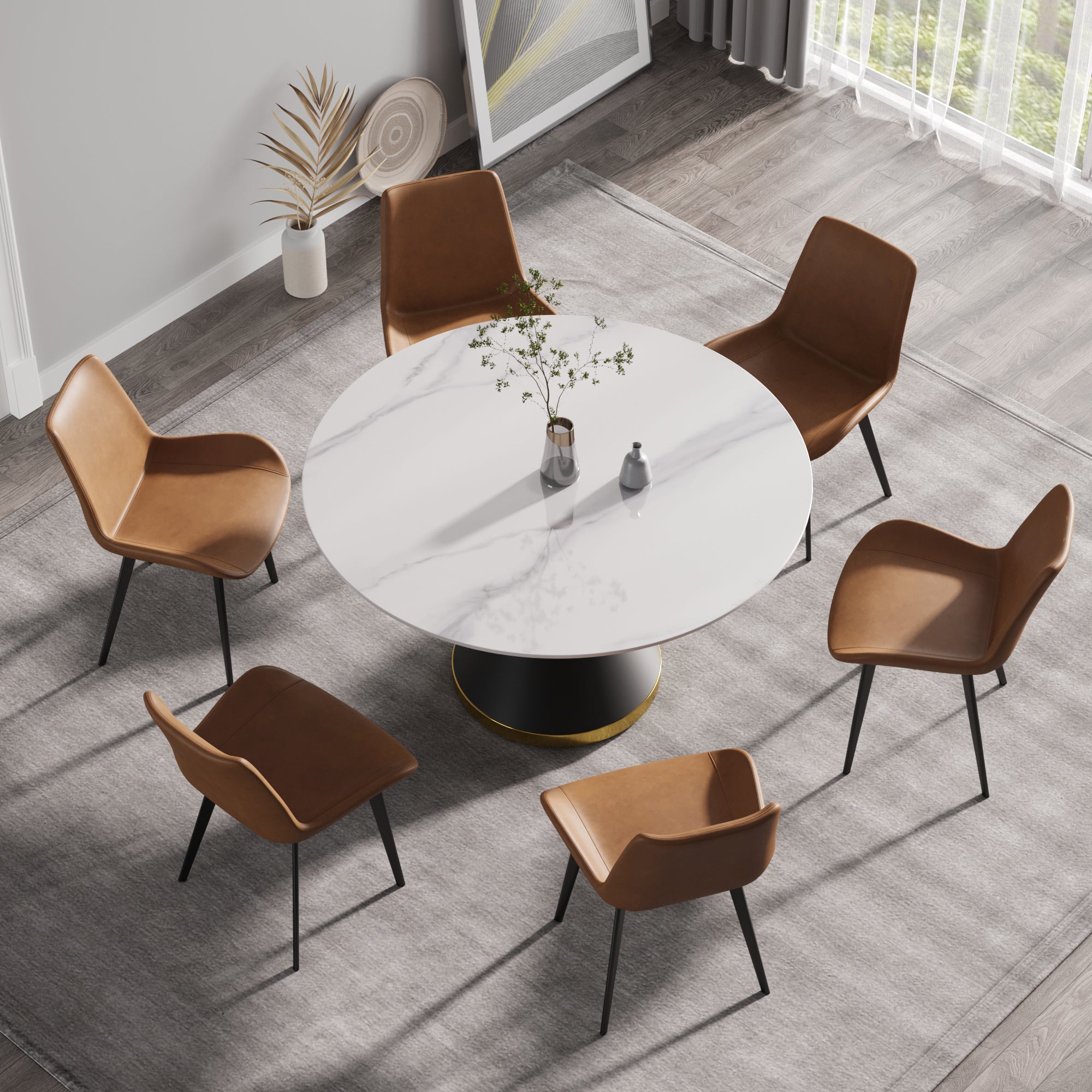 53.15"Modern artificial stone round black carbon steel base dining table-can accommodate 6 people