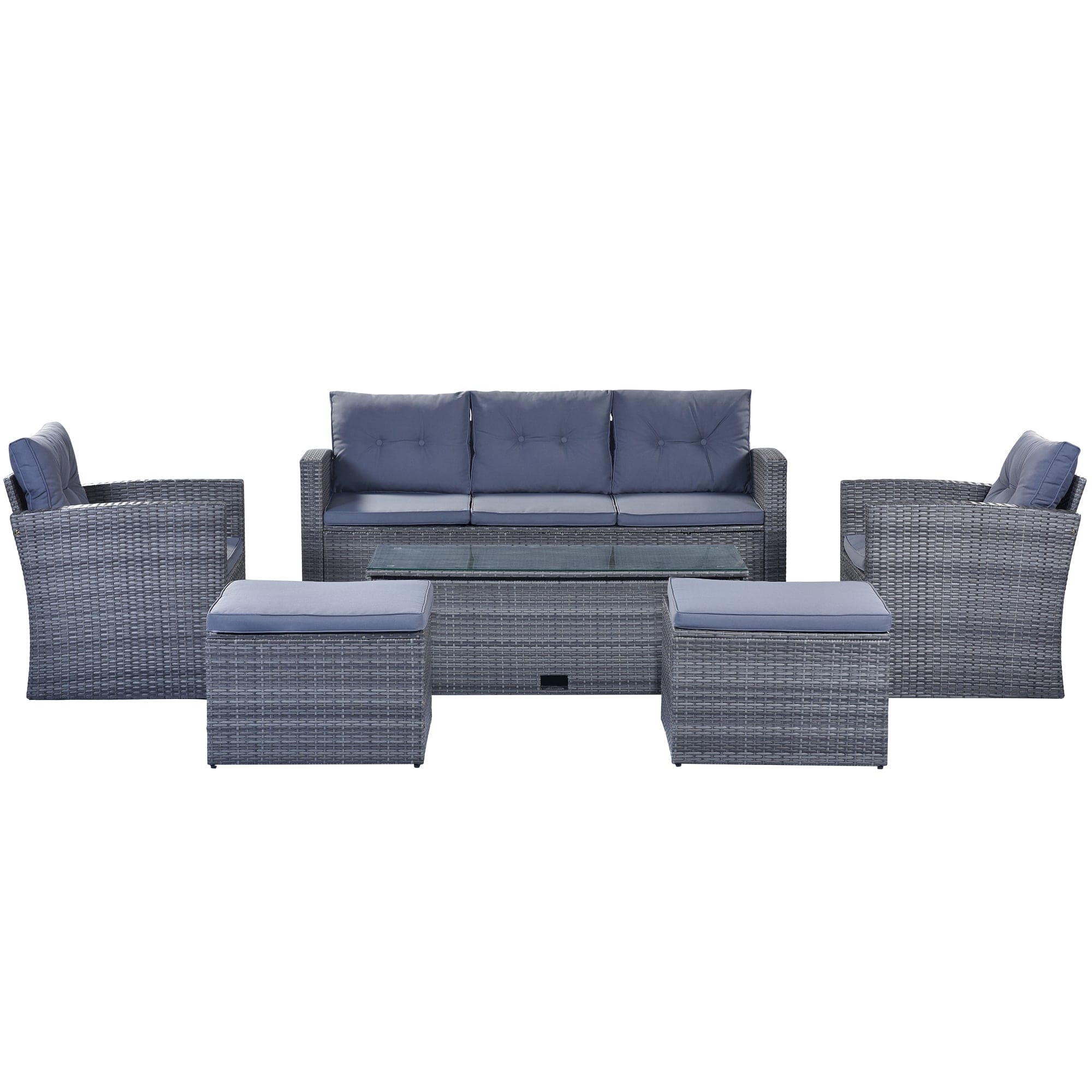 GO 6-piece All-Weather Wicker PE rattan Patio Outdoor Dining Conversation Sectional Set with coffee table, wicker sofas, ottomans,  removable cushions (Dark grey wicker, Light grey cushion)