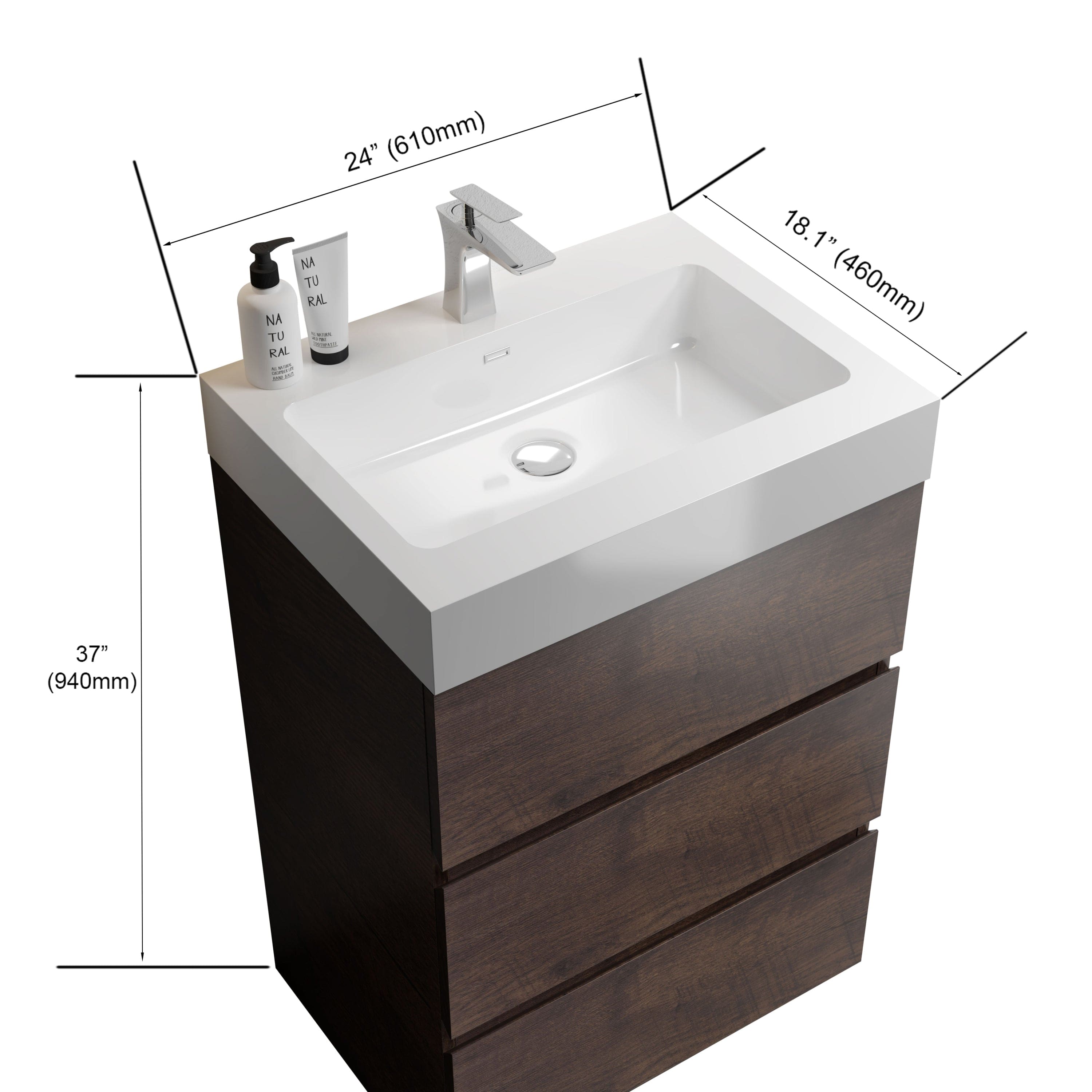 Alice 24" Walnut Bathroom Vanity with Sink, Large Storage Freestanding Bathroom Vanity for Modern Bathroom, One-Piece White Sink Basin without Drain and Faucet