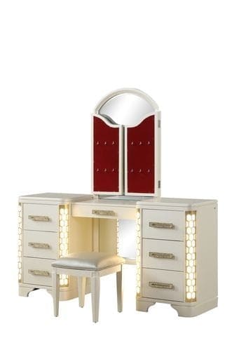 Jasmine Queen 4 Pc Unique LED Vanity Bedroom Set made with Wood in Beige