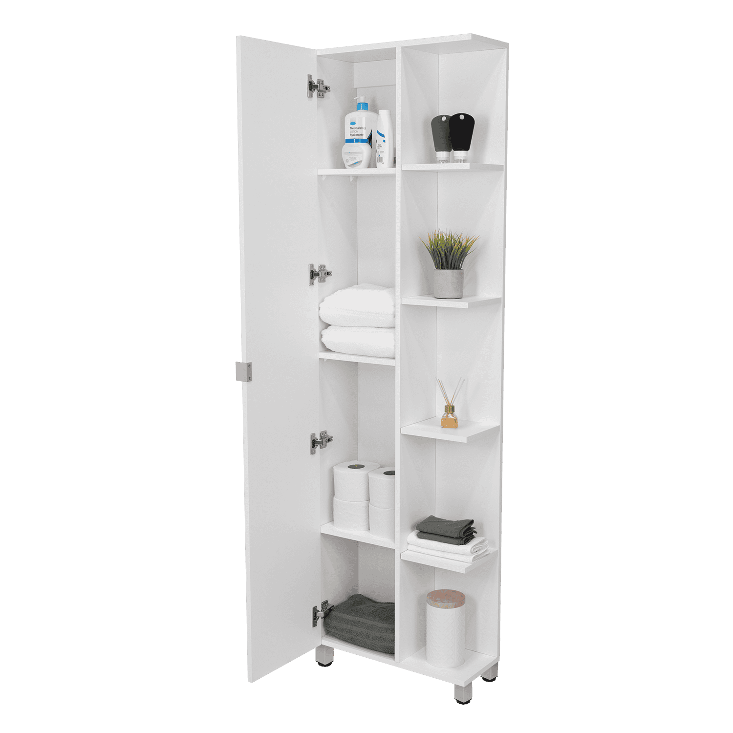 Corner Cabinet Womppi, Five Open Shelves, Single Door, White Finish