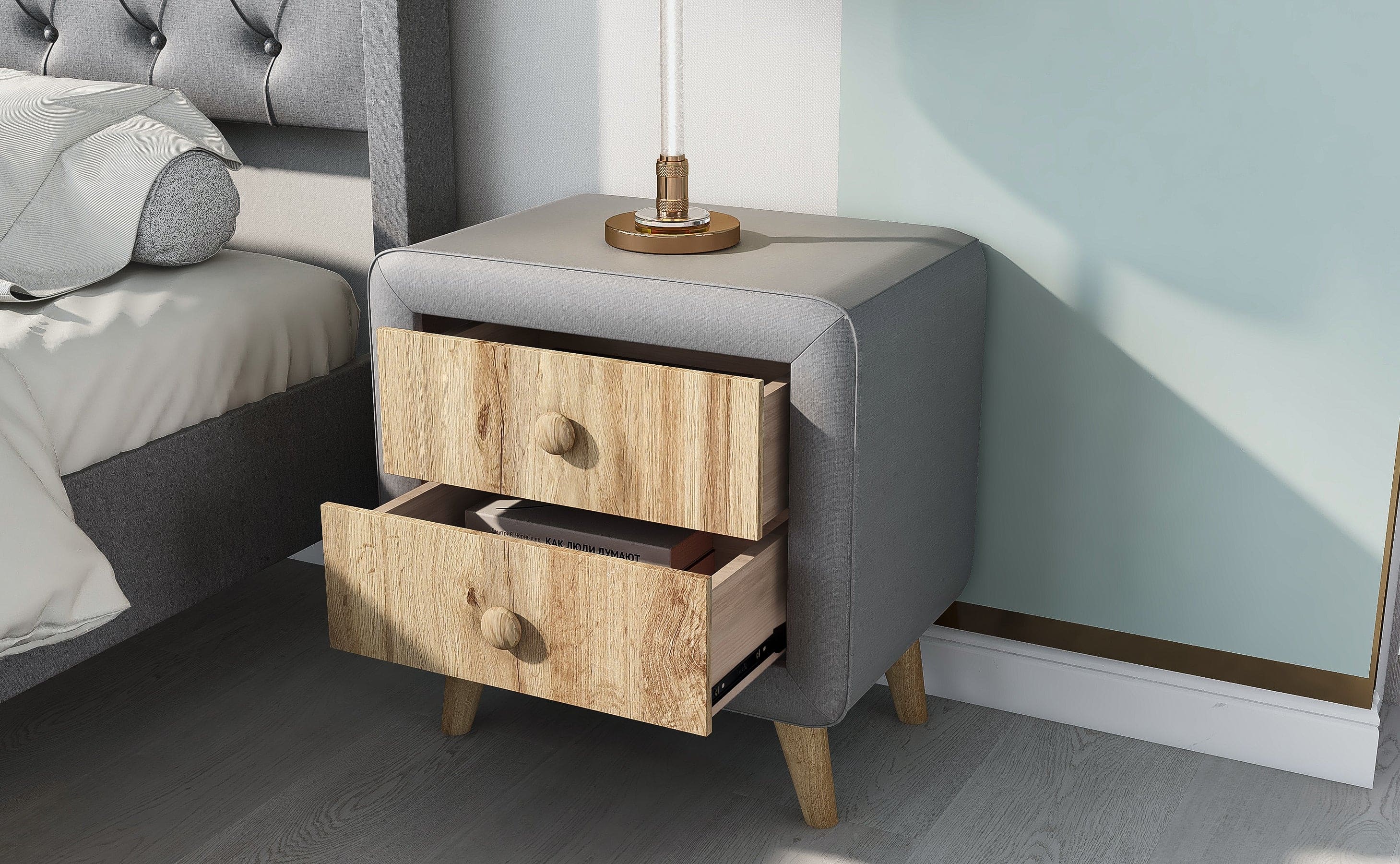 Upholstered Wooden Nightstand with 2 Drawers,Fully Assembled Except Legs and Handles,Bedside Table with Rubber Wood Leg-Gray