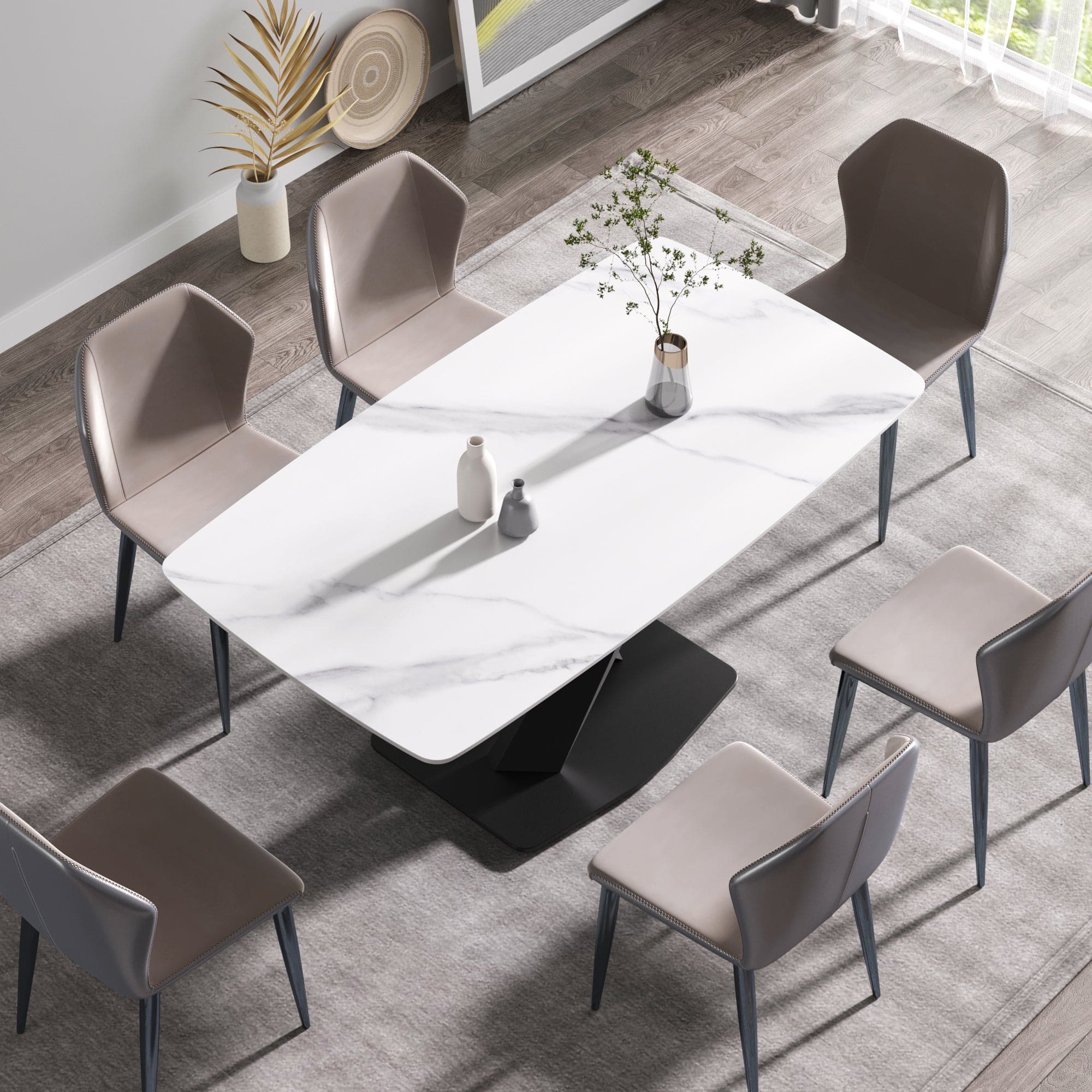 63"Modern artificial stone white curved black metal leg dining table -6 people