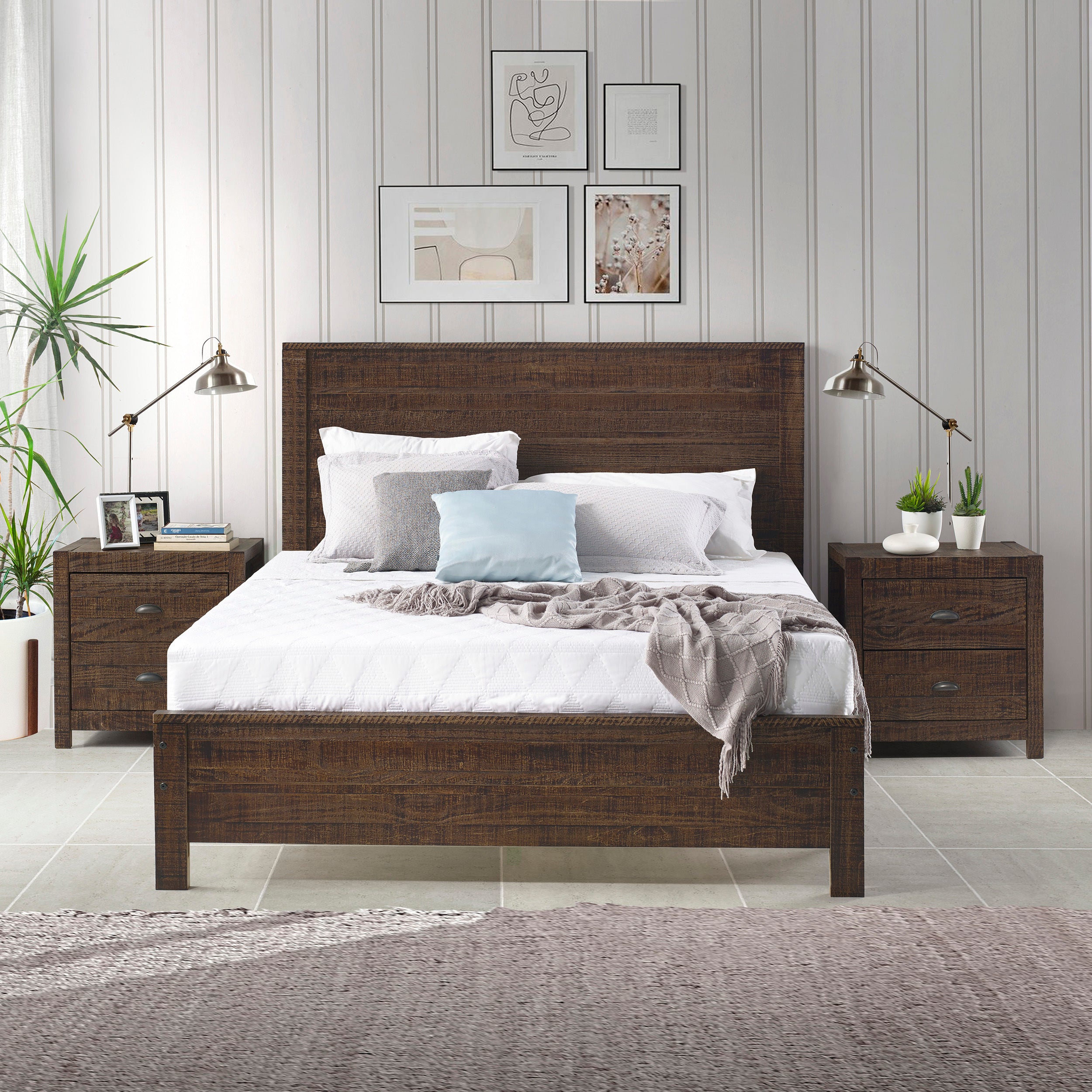 Yes4wood Albany Solid Wood Espresso Bed, Modern Rustic Wooden Queen Size Bed Frames Box Spring Needed