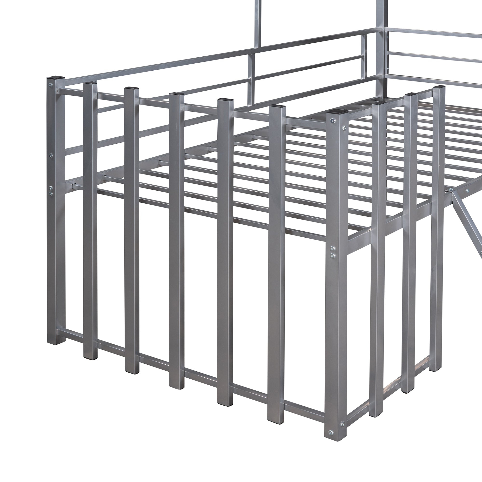 Metal Twin size Loft Bed with Roof, Window, Guardrail, Ladder Silver