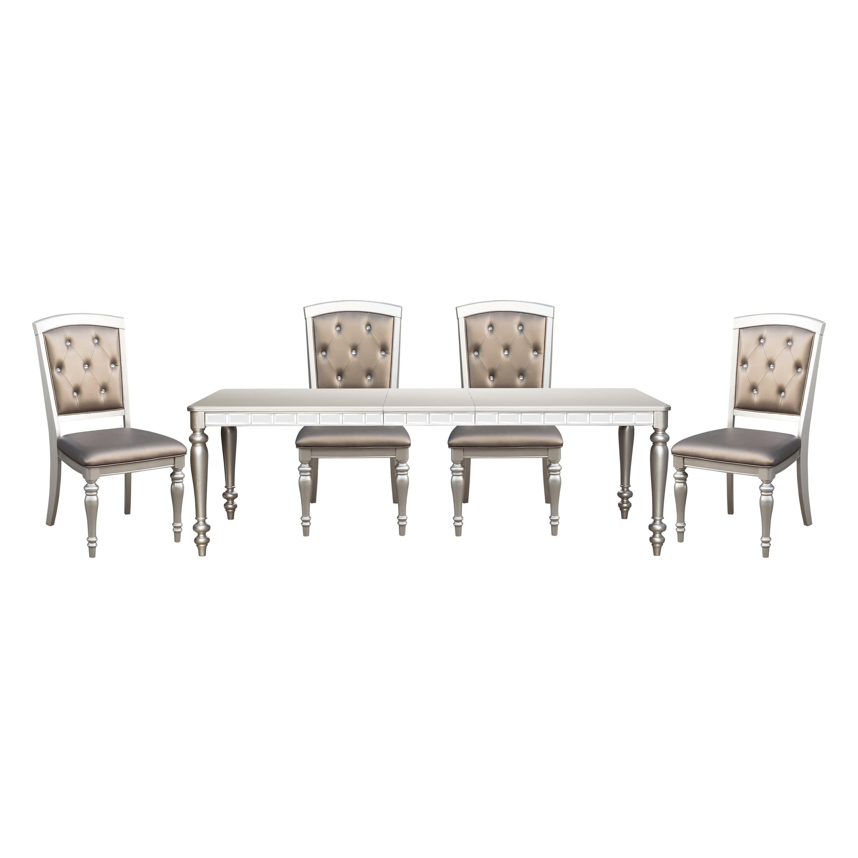 Glamorous Silver Finish Dining Set 5pc Dining Table 4x Side Chairs Crystal Button Tufted Upholstered Modern Style Furniture