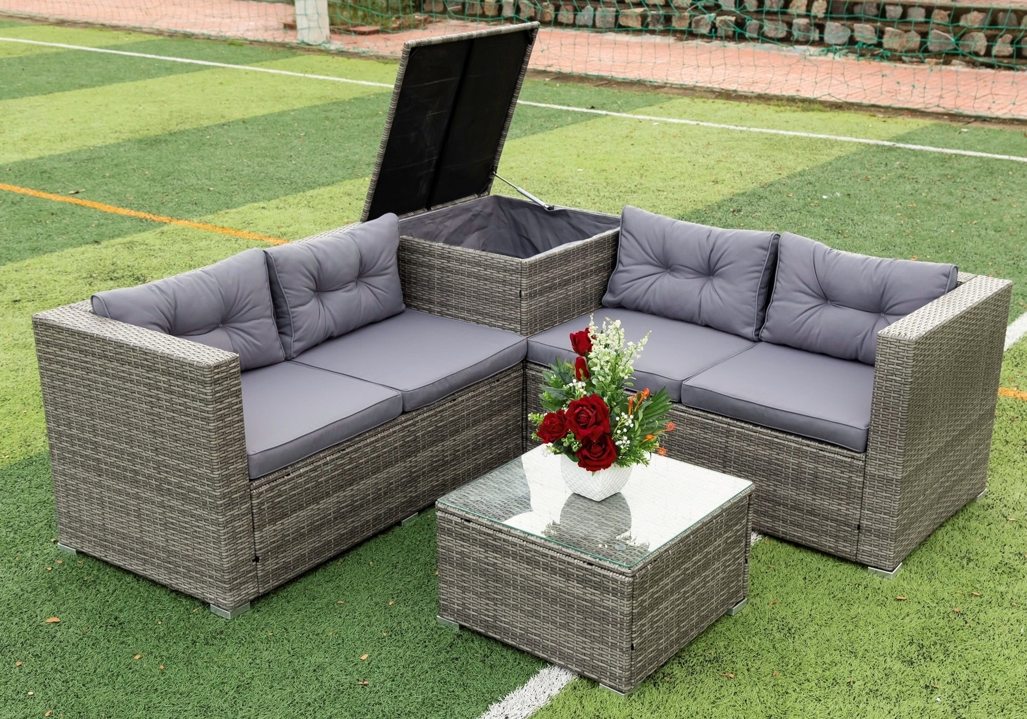 4 Piece Patio Sectional Wicker Rattan Outdoor Furniture Sofa Set with Storage Box Grey