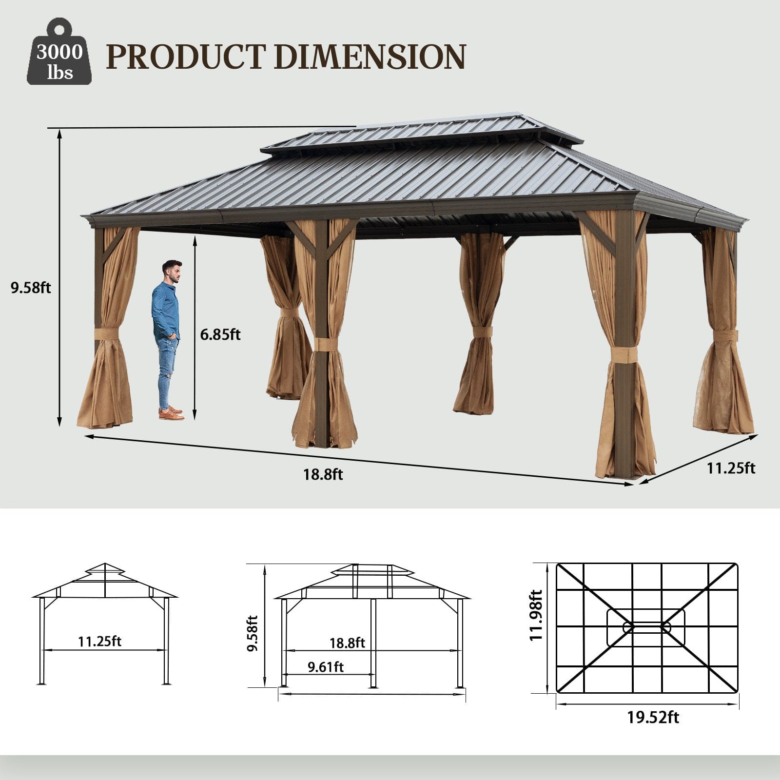 12X20ft Galvanized Steel Gazebos with Netting & Curtains