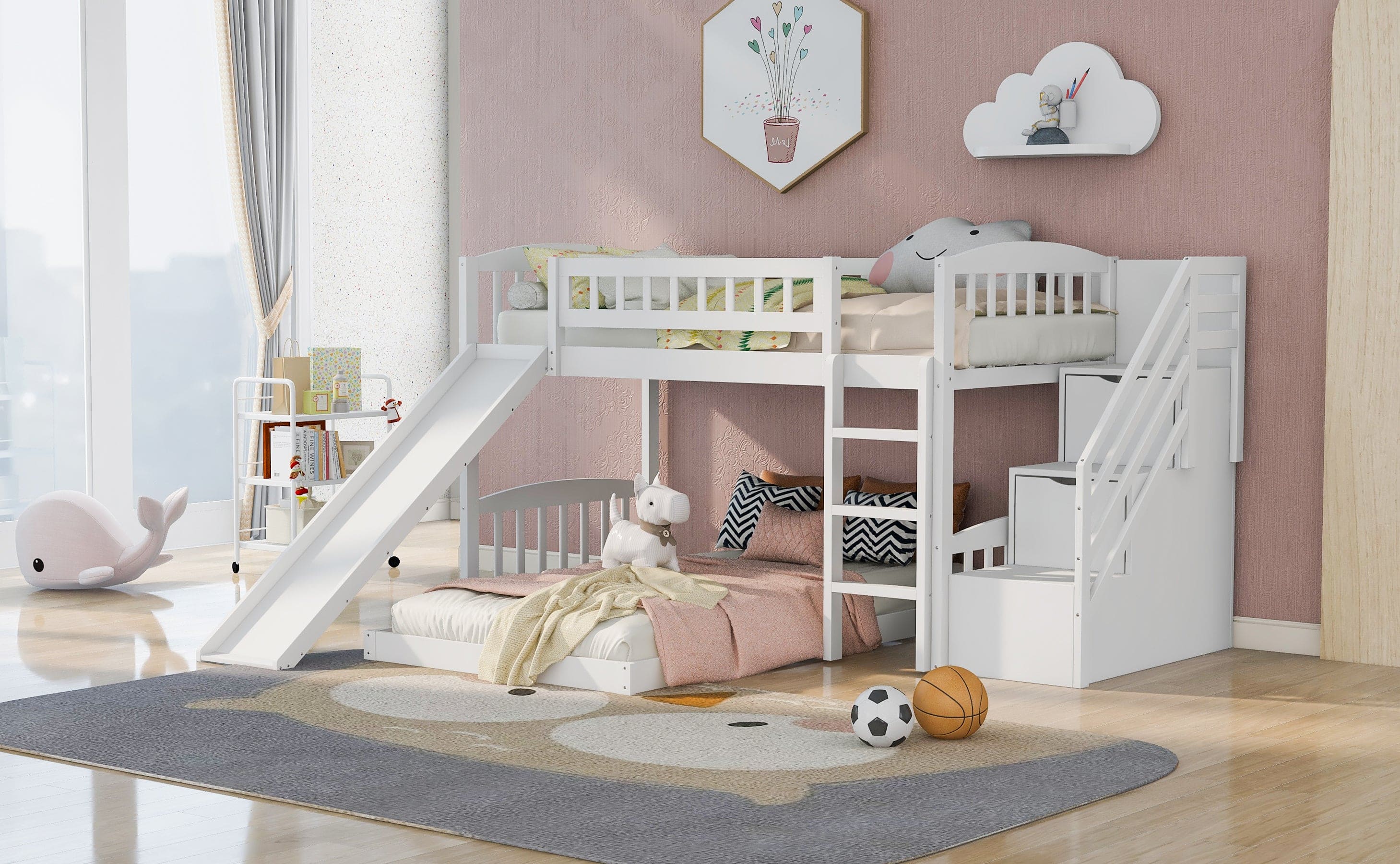 Stairway Twin over Twin Bunk Bed with Two Drawers and Slide, White(OLD SKU :LP000156AAK)