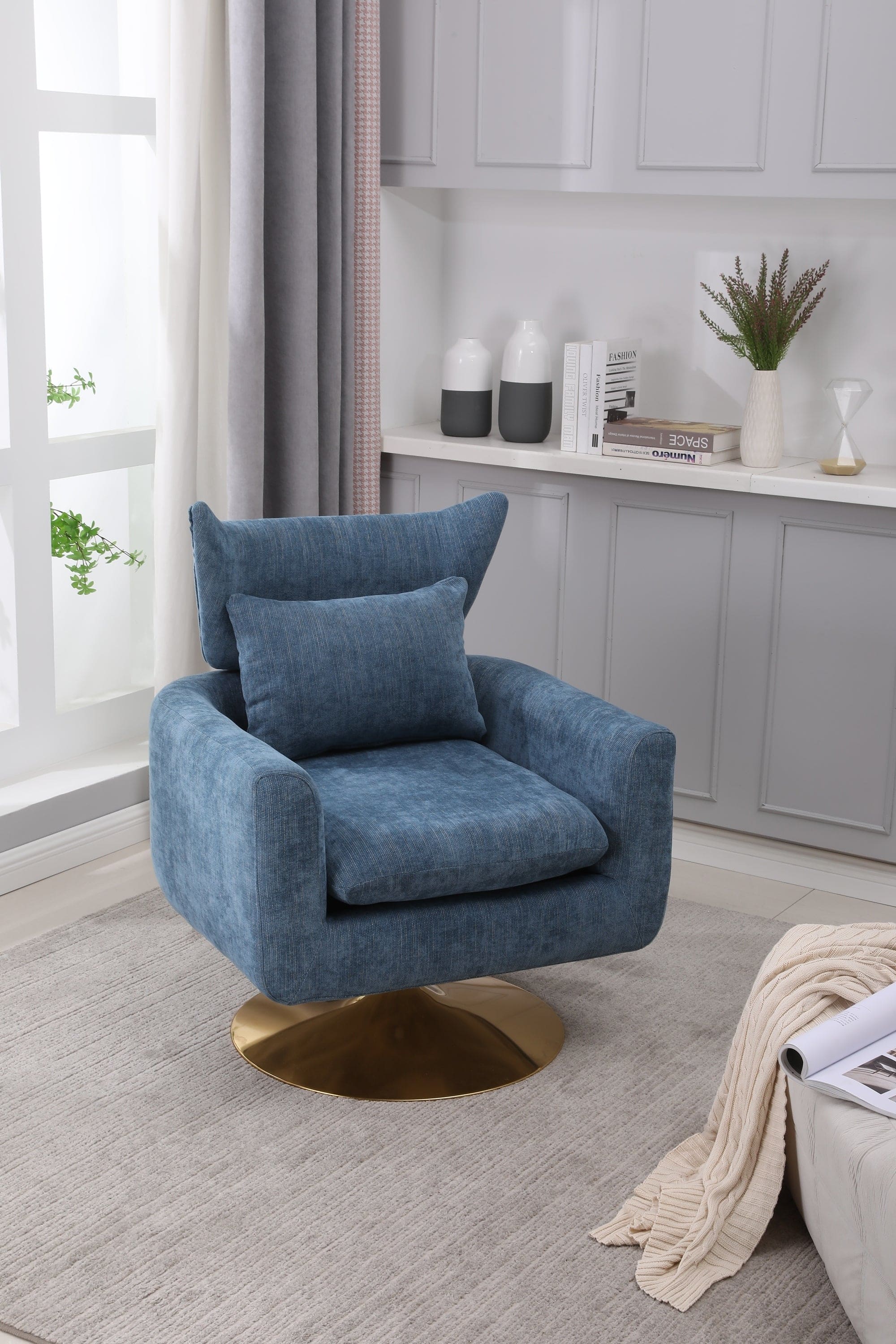 Classic Mid-Century 360-degree Swivel  Accent Chair, Blue Linen