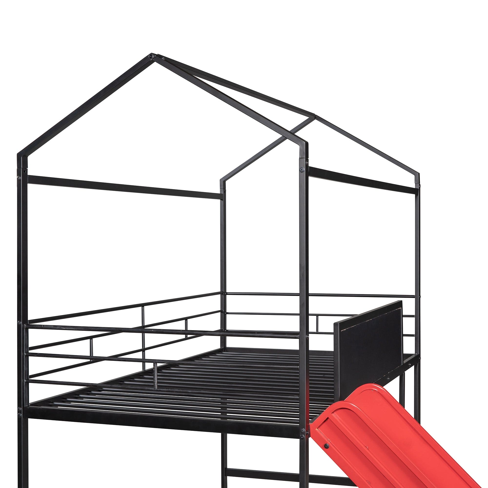 Metal House Bed With Slide, Twin Size Metal Loft Bed with Two-sided writable Wooden Board (Black and Red)