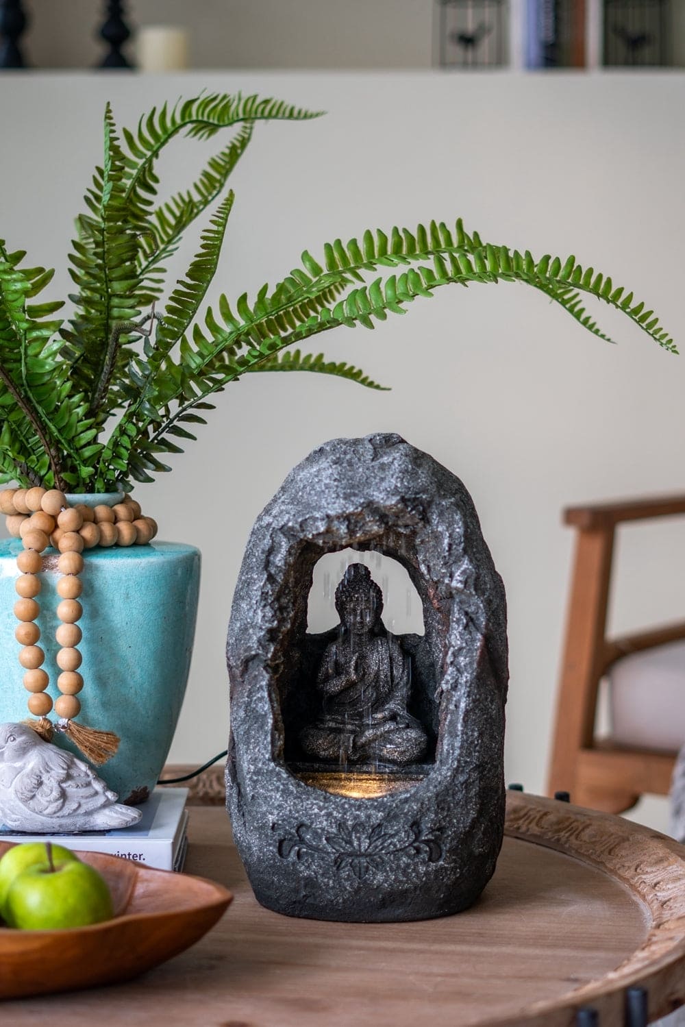 8.3x5.9x13.6" Decorative Gray Tabletop Water Fountain with Sitting Buddha and LED Light, for Indoor Outdoor