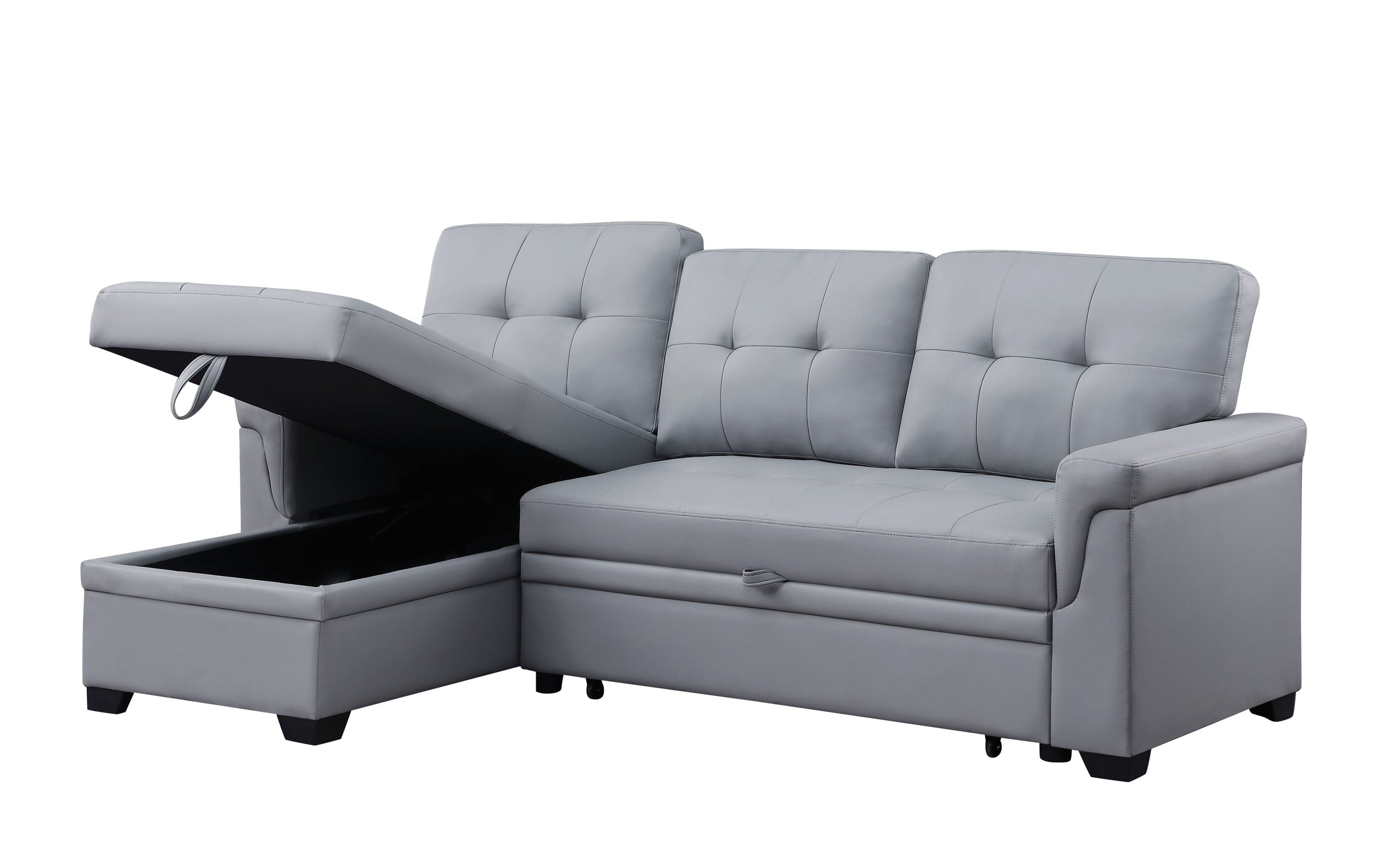 Lexi Gray Vegan Leather Modern Reversible Sleeper Sectional Sofa with Storage Chaise