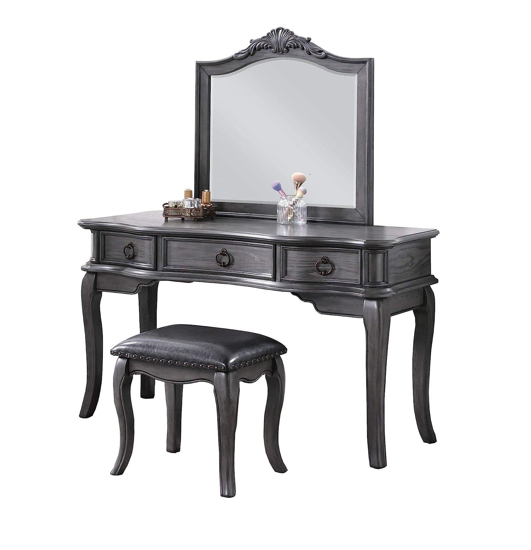 Contemporary Grey Finish Vanity Set w Stool Retro Style Drawers cabriole-tapered legs Mirror w floral crown molding Bedroom Furniture