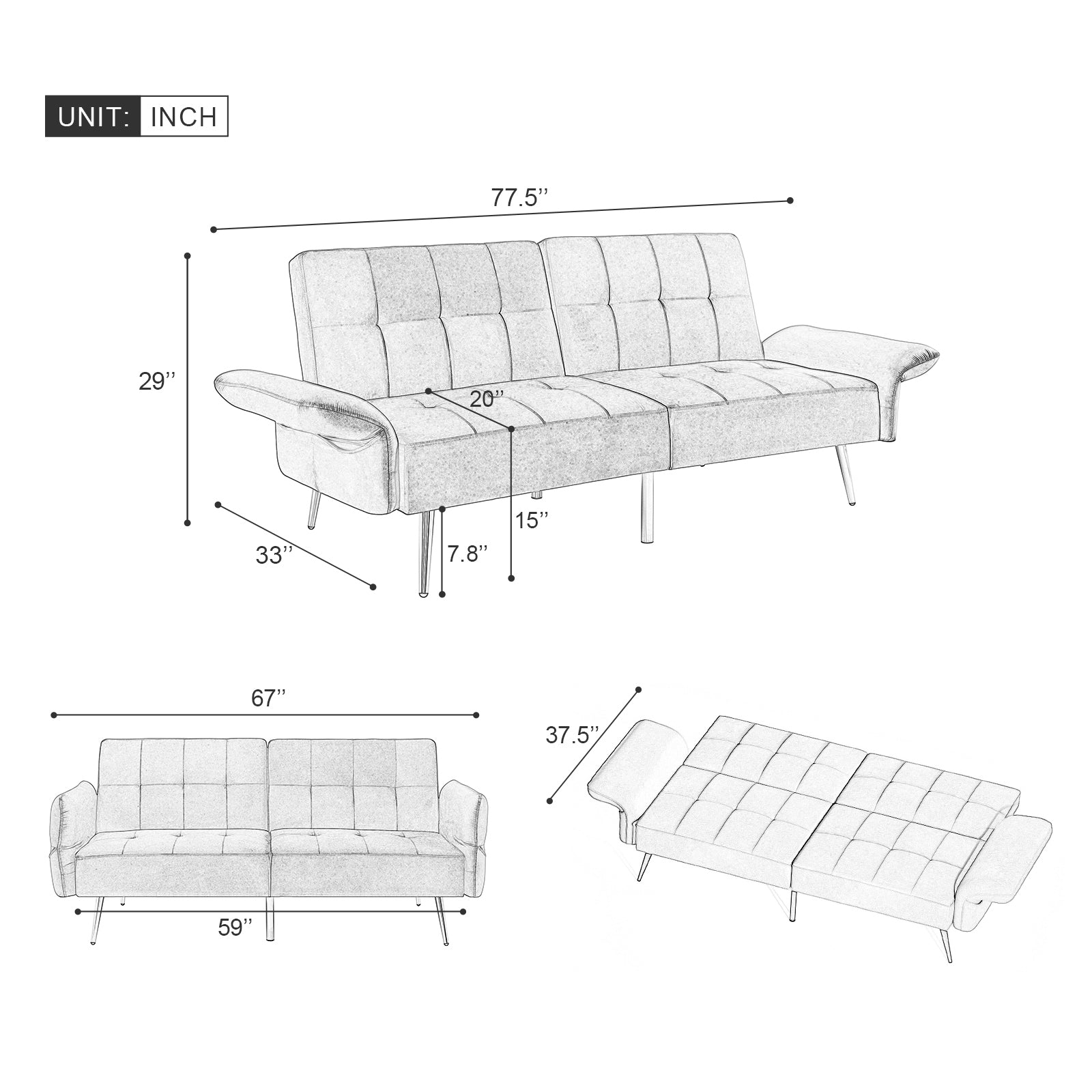 78" Italian Velvet Futon Sofa Bed, Convertible Sleeper Loveseat Couch with Folded Armrests and Storage Bags for Living Room and Small Space, Navy 280g velvet