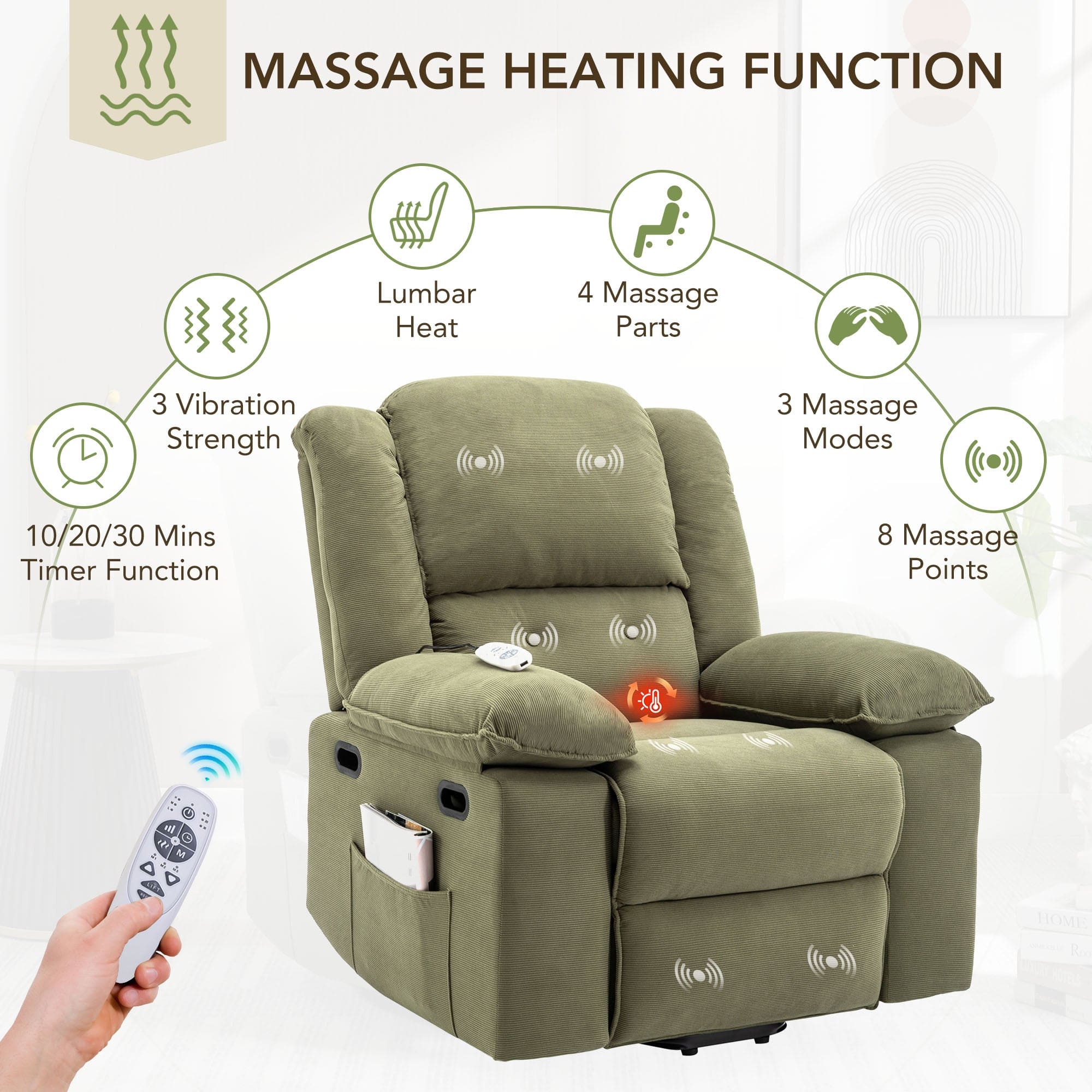 Massage Recliner,Power Lift Chair for Elderly with Adjustable Massage and Heating Function,Recliner Chair with Infinite Position and Side Pocket for Living Room ,Green