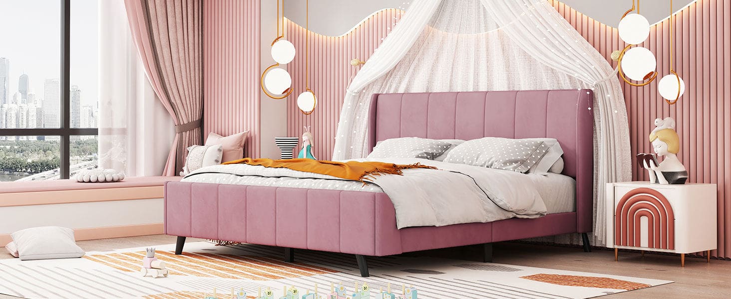 Queen Size Upholstered Platform Bed, Velvet, Pink