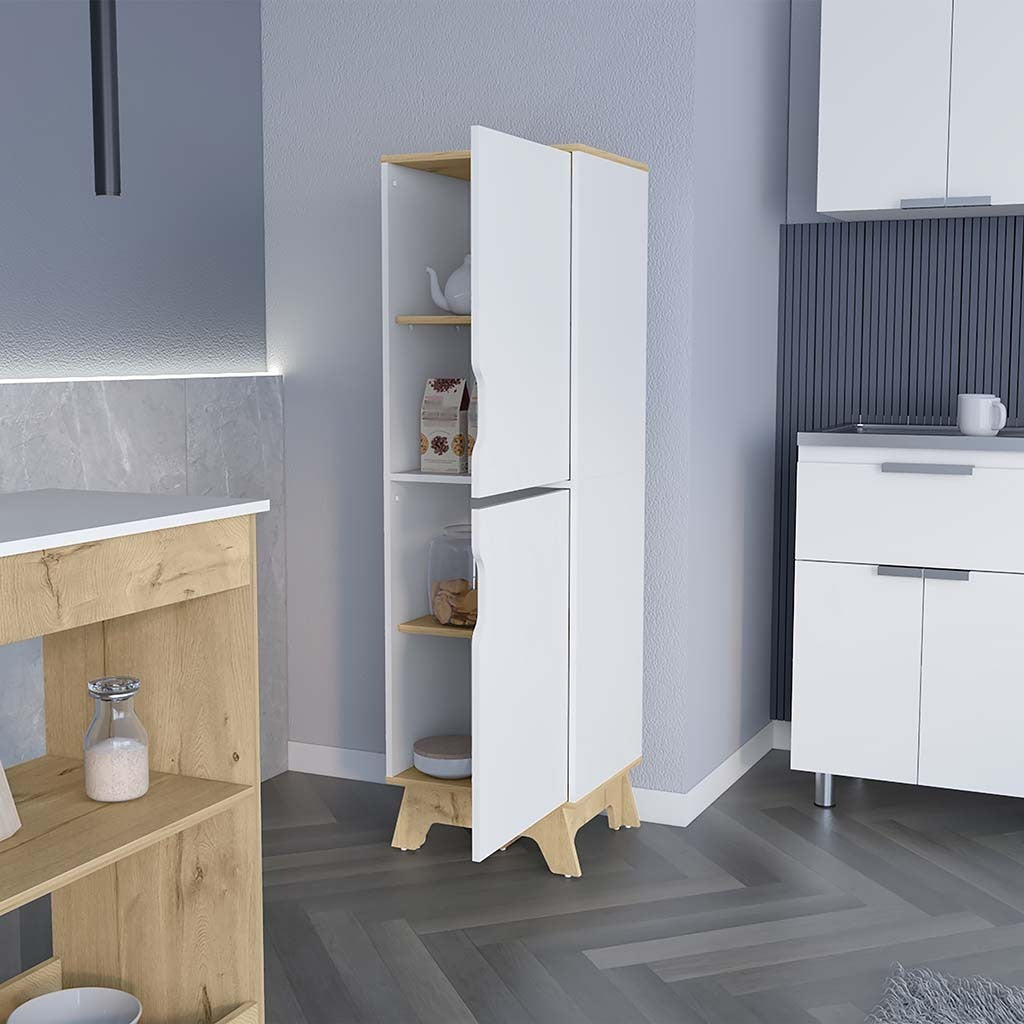 Single Kitchen Pantry Wallas, Four Shelves, Two Doors, Light Oak / White Finish