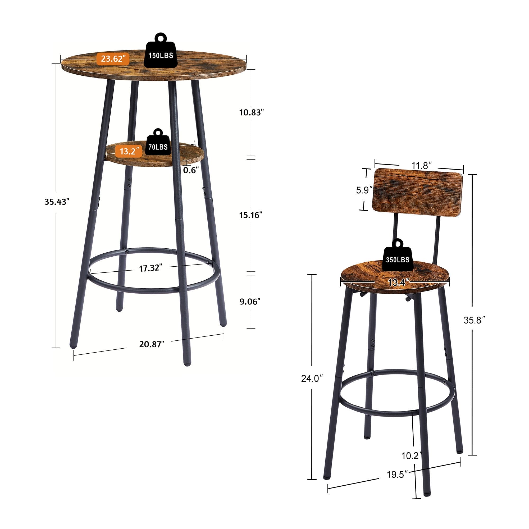 Round bar stool set with shelves, stool with backrest Rustic Brown, 23.6'' Dia x 35.4'' H