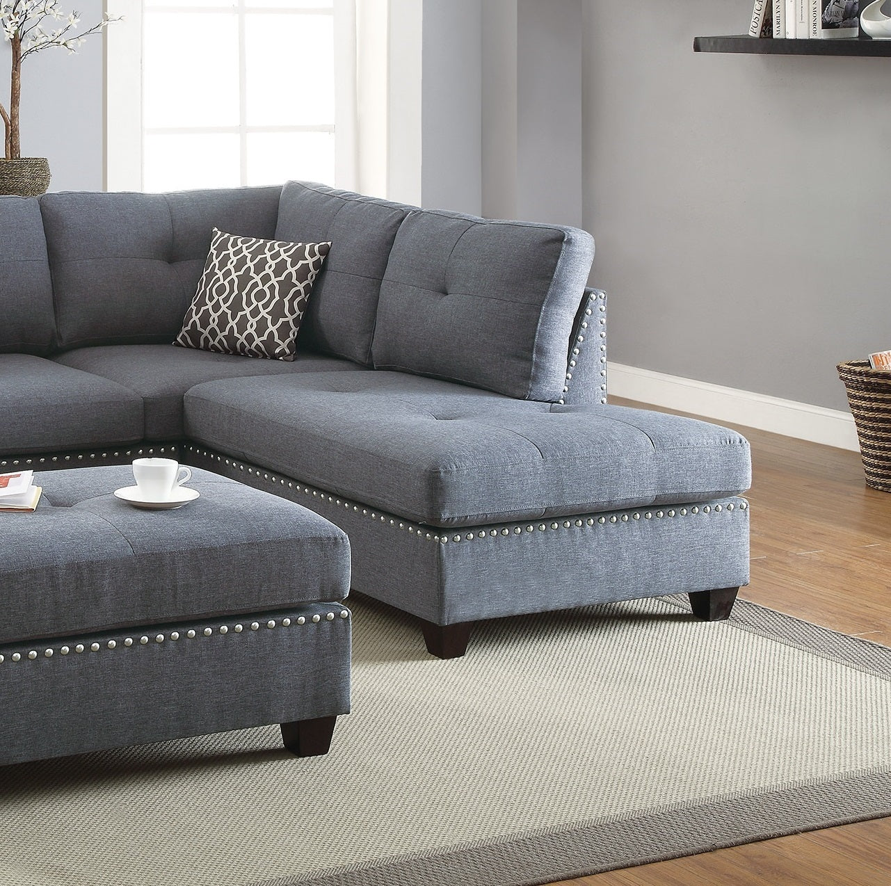 3-pcs Sectional Sofa Blue Grey Polyfiber Cushion Sofa Chaise Ottoman Reversible Couch Pillows