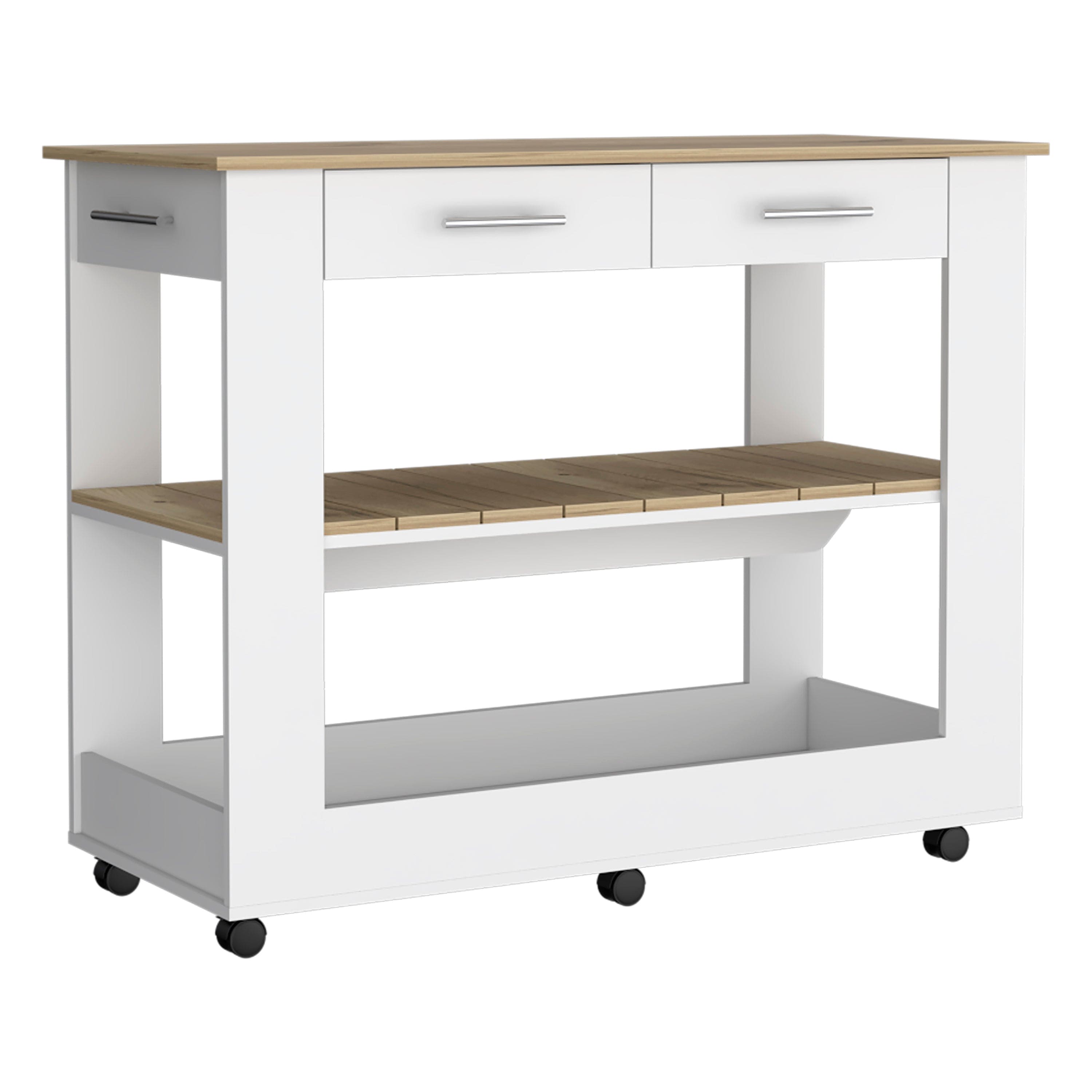 Kitchen Island 46 Inches Dozza, Two Drawers, White / Light Oak Finish