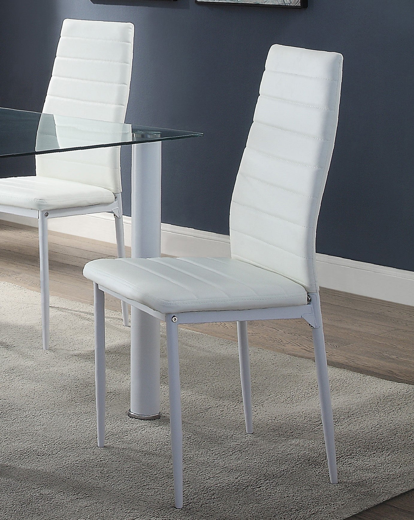 Modern Style White Metal Finish Side Chairs 2pc Set Faux Leather Covered Contemporary Dining Room Furniture