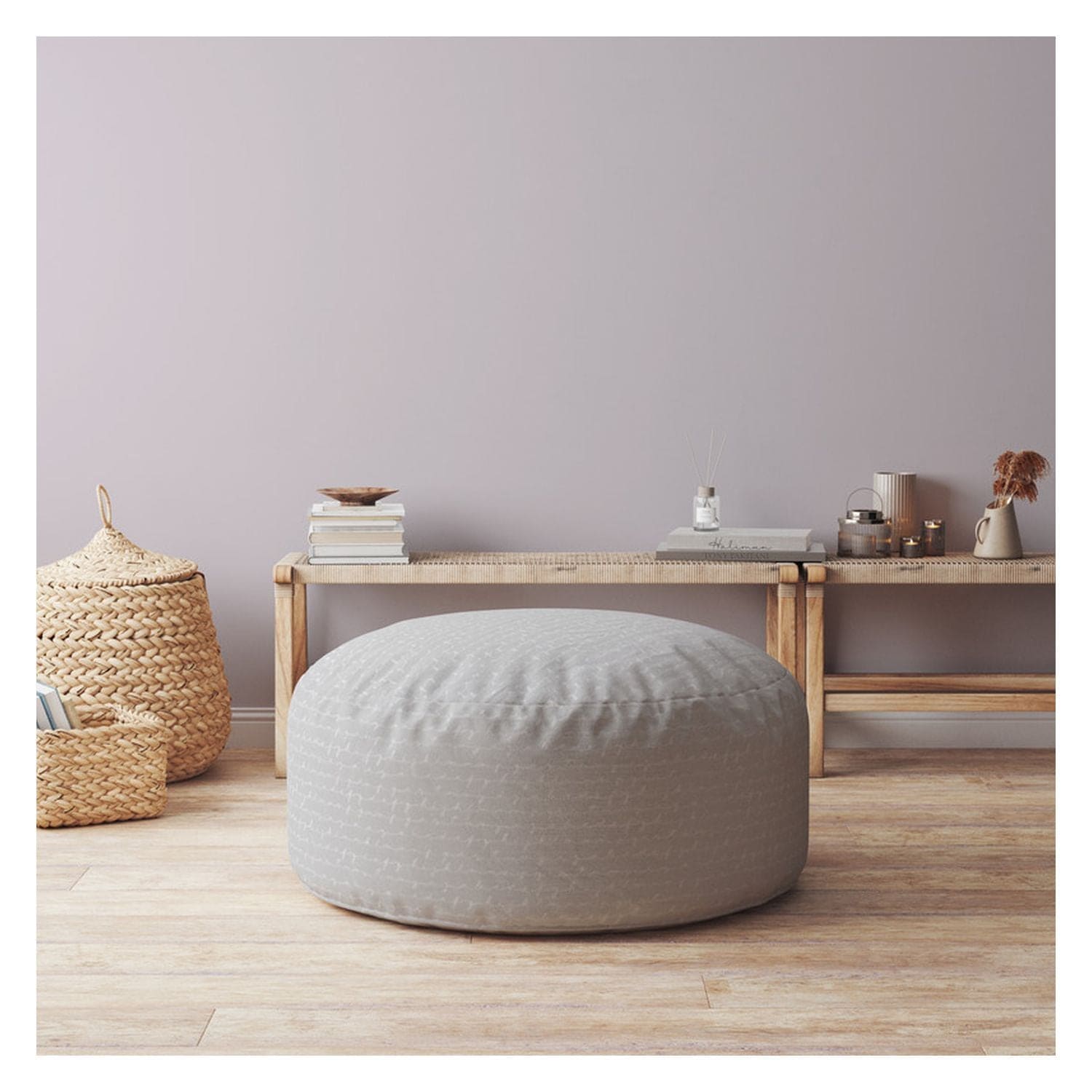 Indoor HANDWRITING Light Grey Round Zipper Pouf - Stuffed - Extra Beads Included! - 24in dia x 20in tall