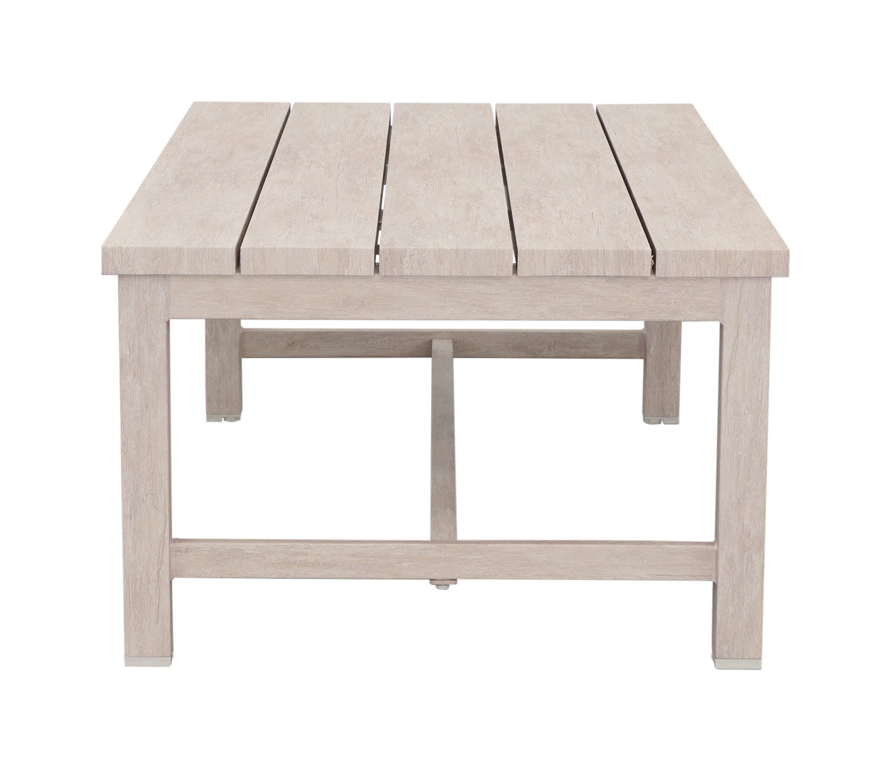 Durable Aluminum Coffee Table - Solid Construction, Weather-Resistant Surface - Whitewashed Birch Look, Dual Stretchers