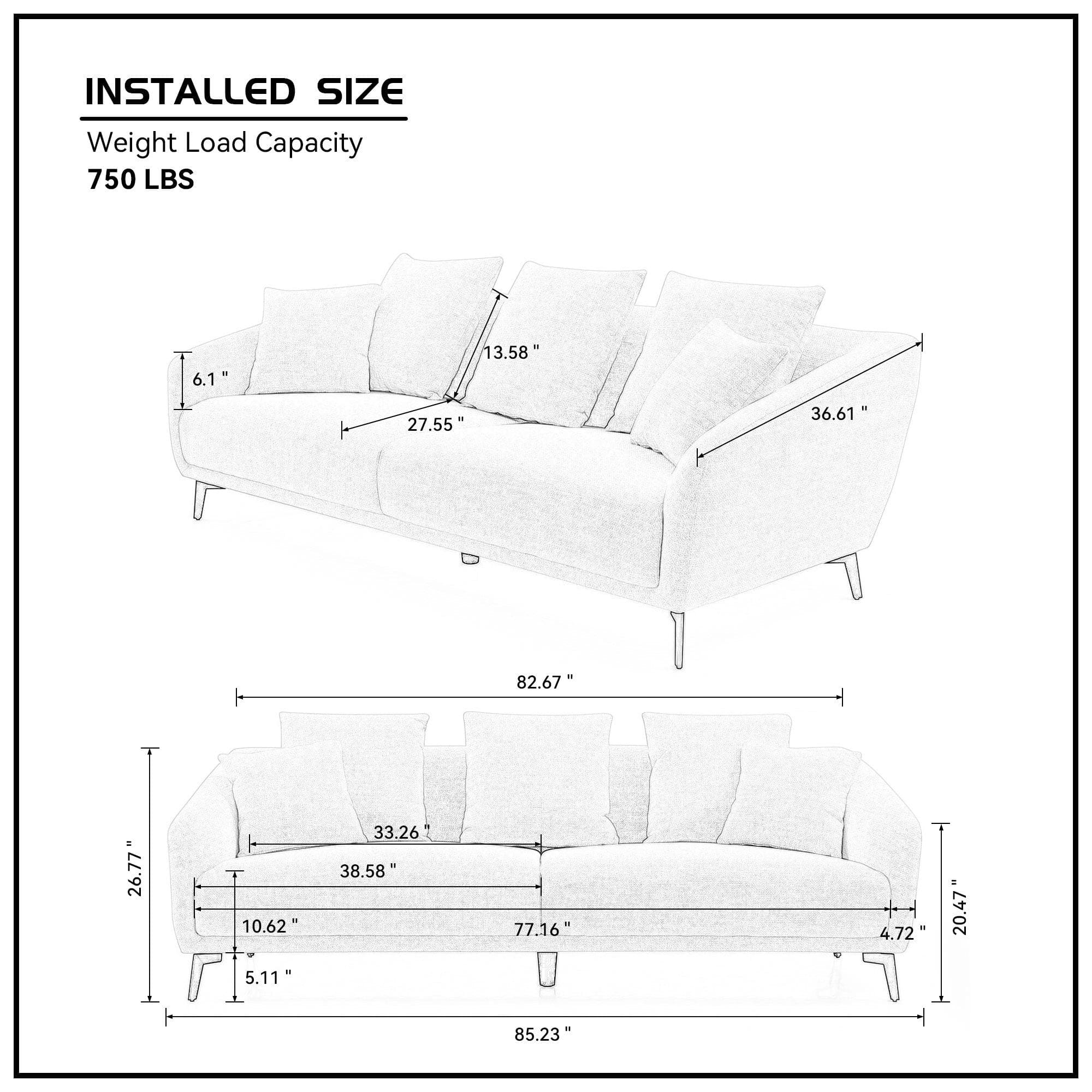 3 Seater Sofa Couch, Modern Fabric Upholstered Sofa with Three Cushions, 2 Pillows, Dark Grey