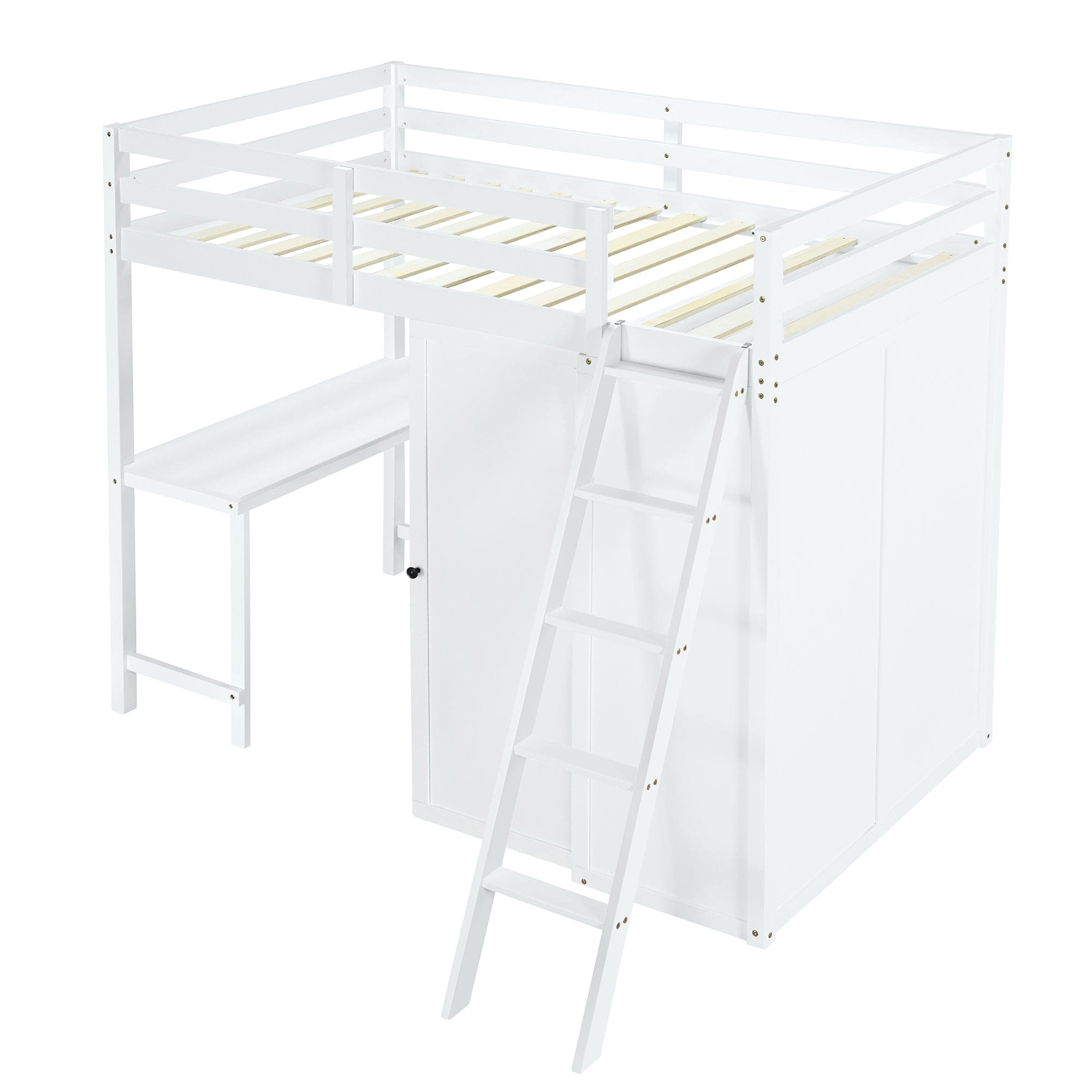 Twin Size Loft Bed with Wardrobe and Desk, White