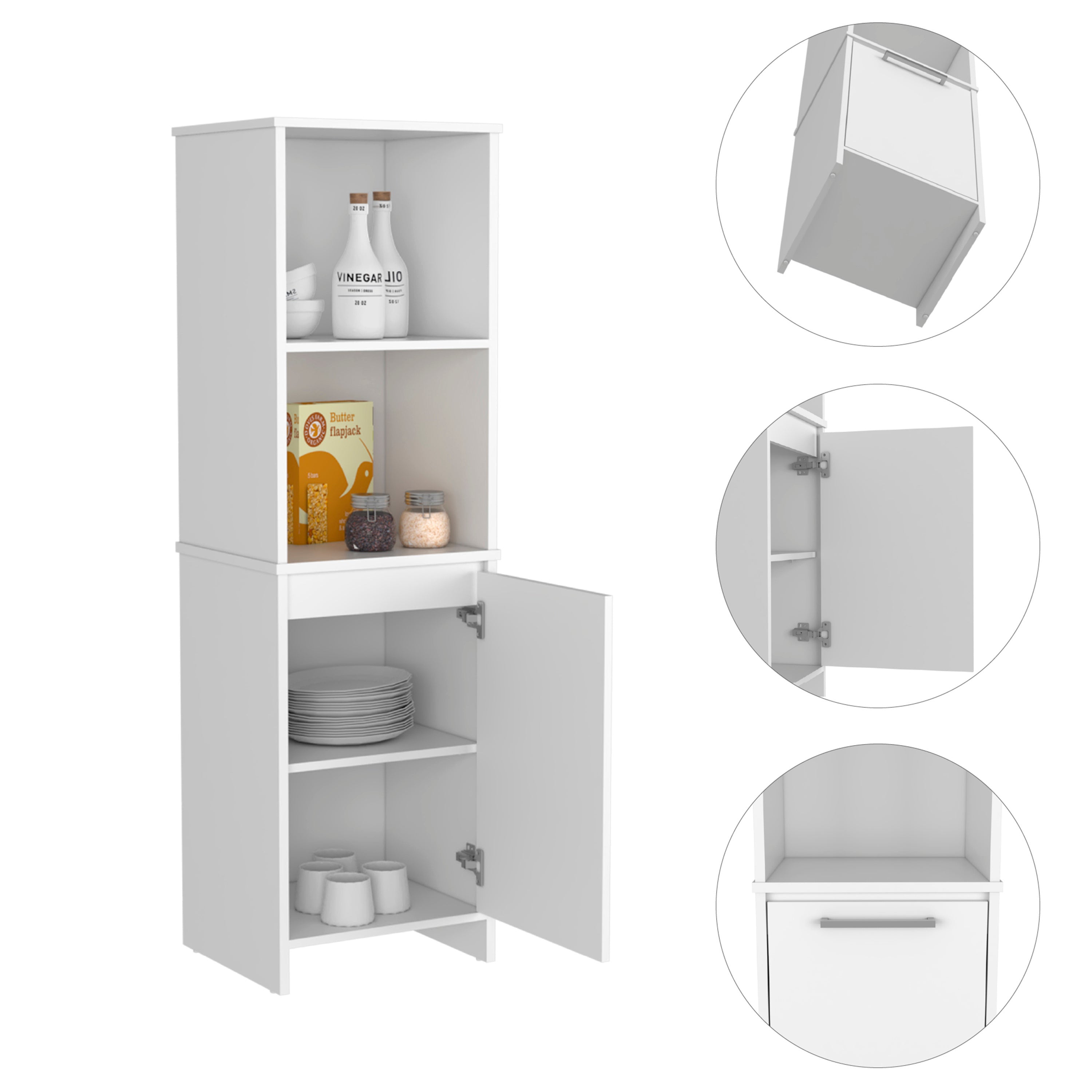 Kitchen Pantry Feery, Single Door Cabinet, Interior and External Shelves, White Finish