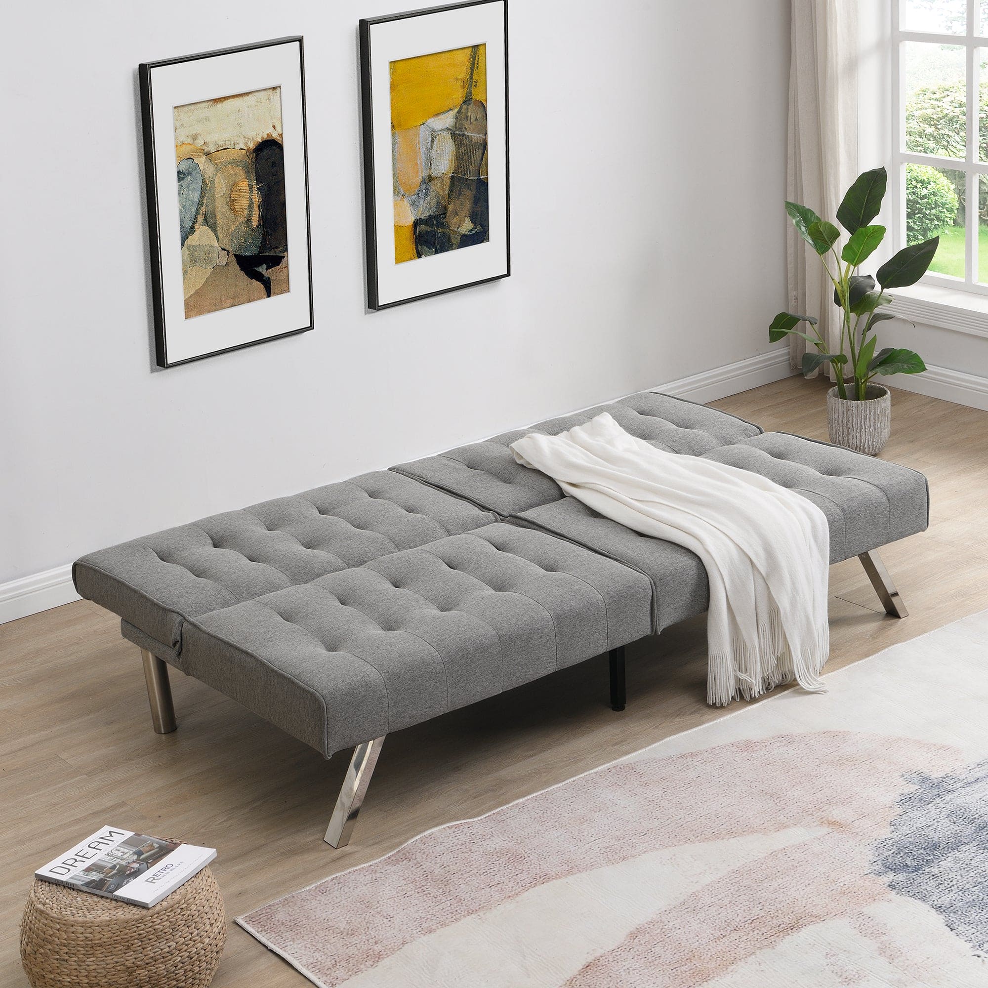 WOOD FRAME, STAINLESS LEG, FUTON, SOFA BED GREY